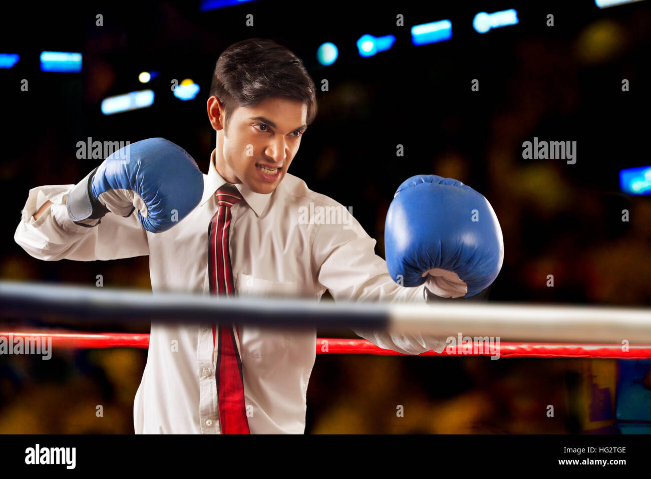 Businessman fighting in boxing ring Stock Photo Alamy
