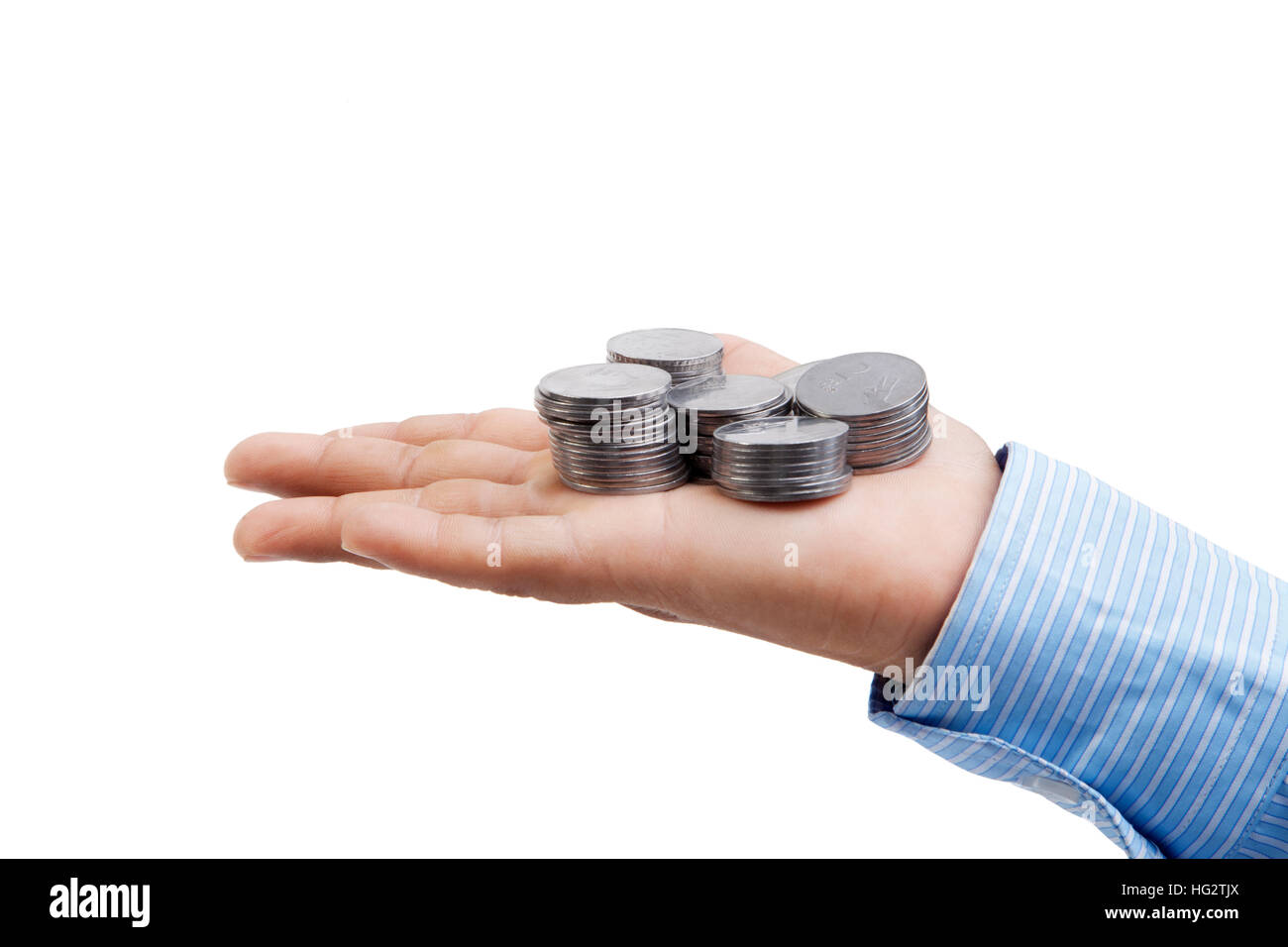 Hands with coins isolated on white background Stock Photo - Alamy