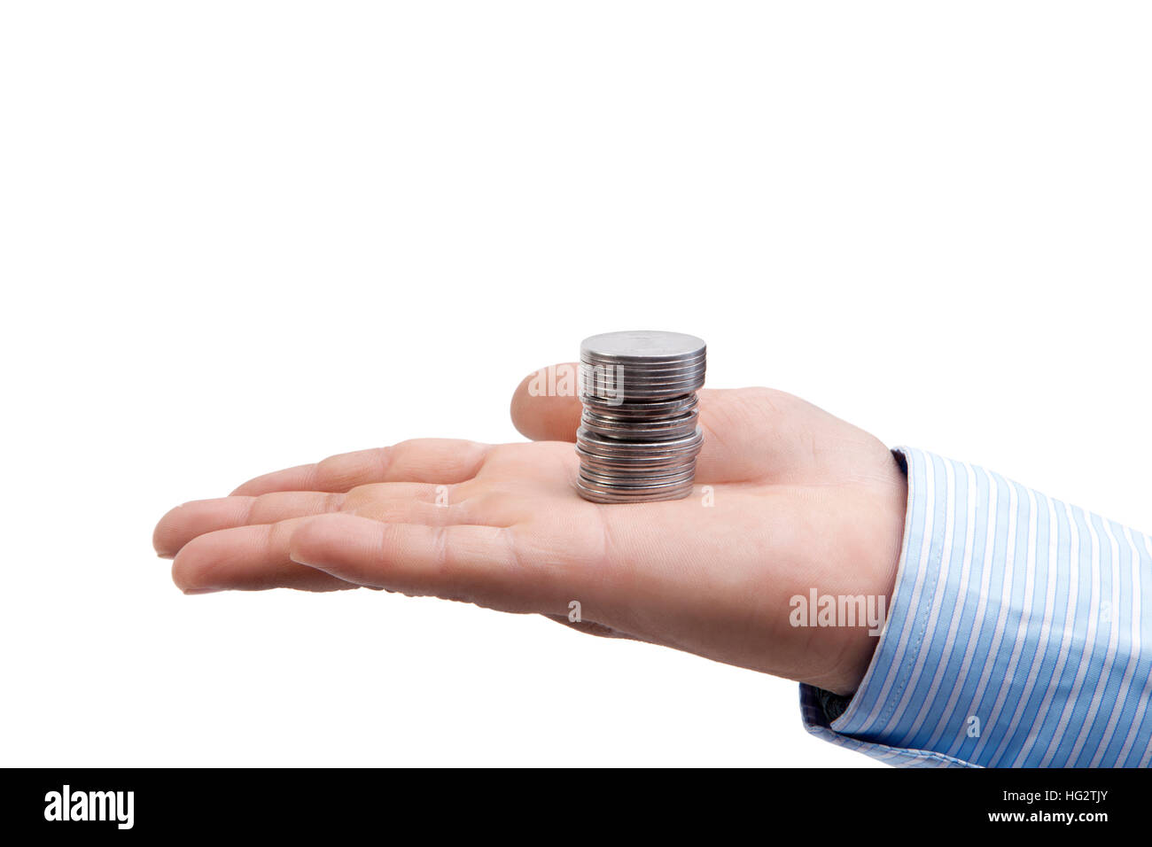 Hands with coins isolated on white background Stock Photo - Alamy
