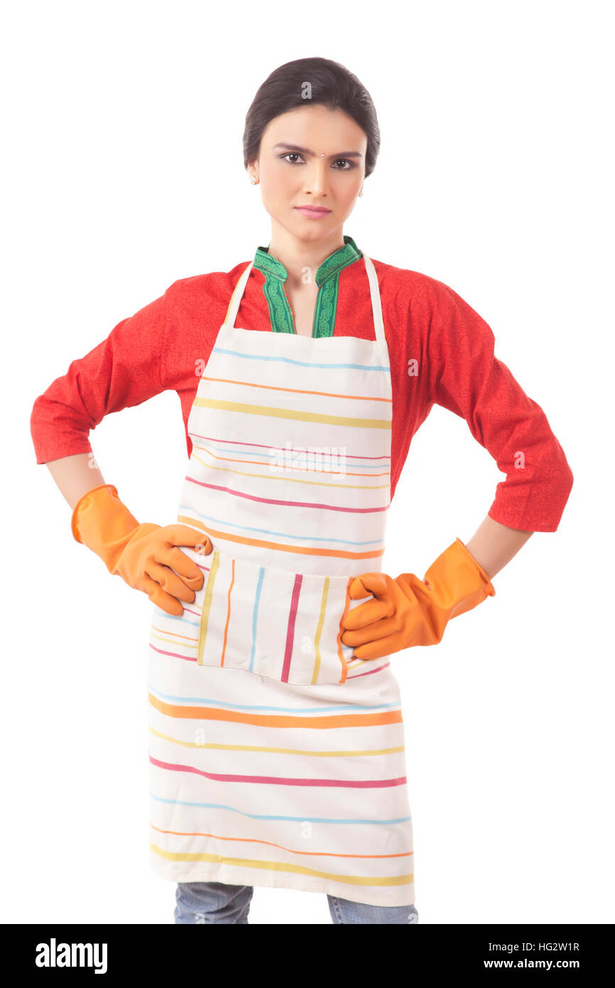 Portrait Of Woman Wearing Kitchen Apron Stock Photo