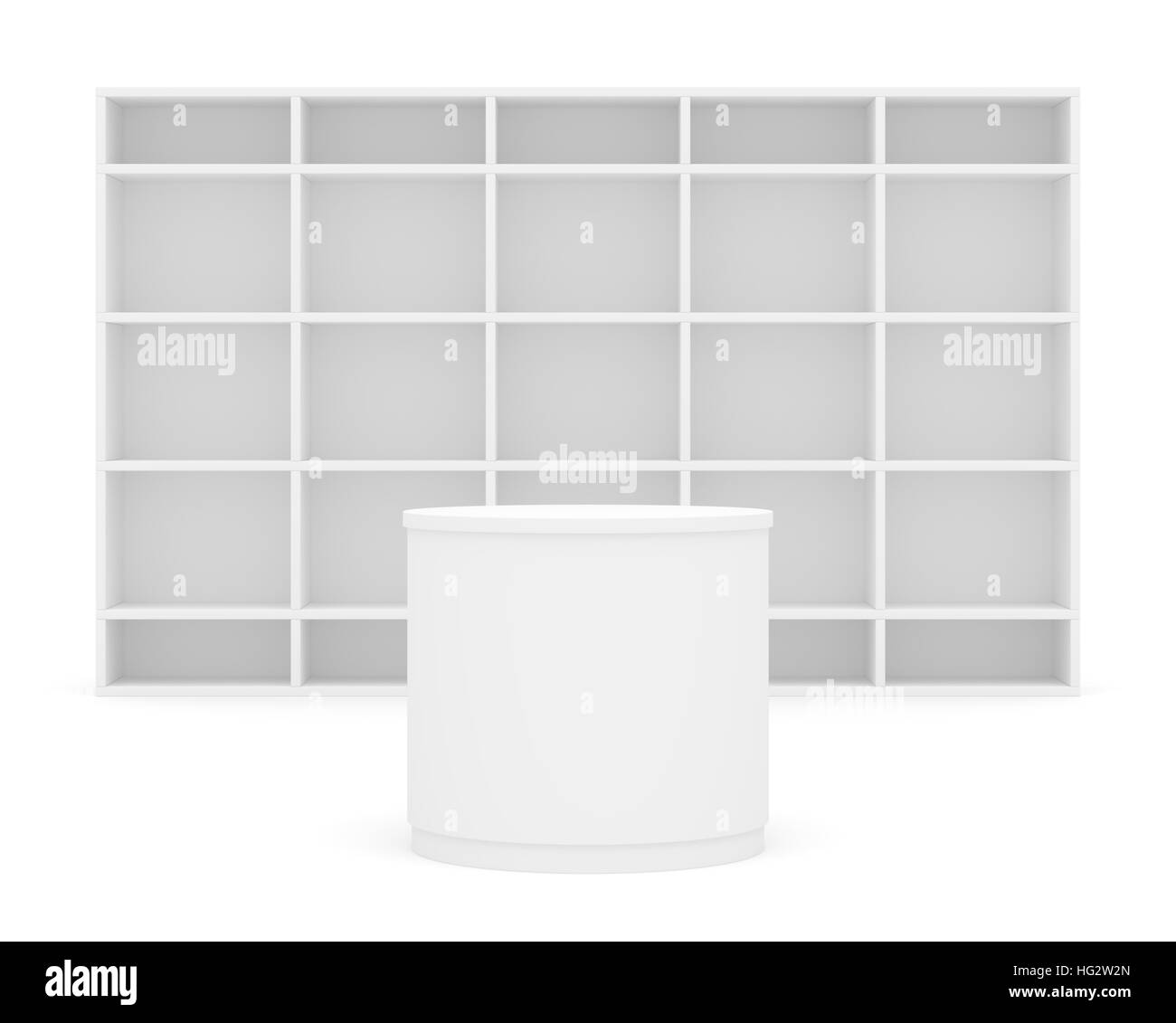 White POS POI cylinder with shelves as backdrop Stock Photo - Alamy