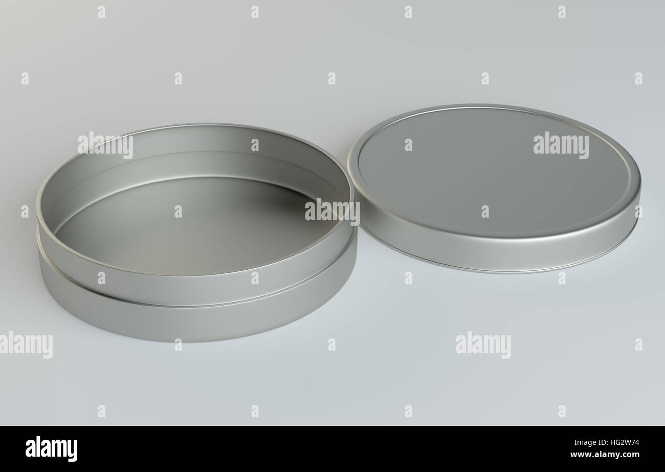 Metal round box on gray background Stock Photo - Alamy