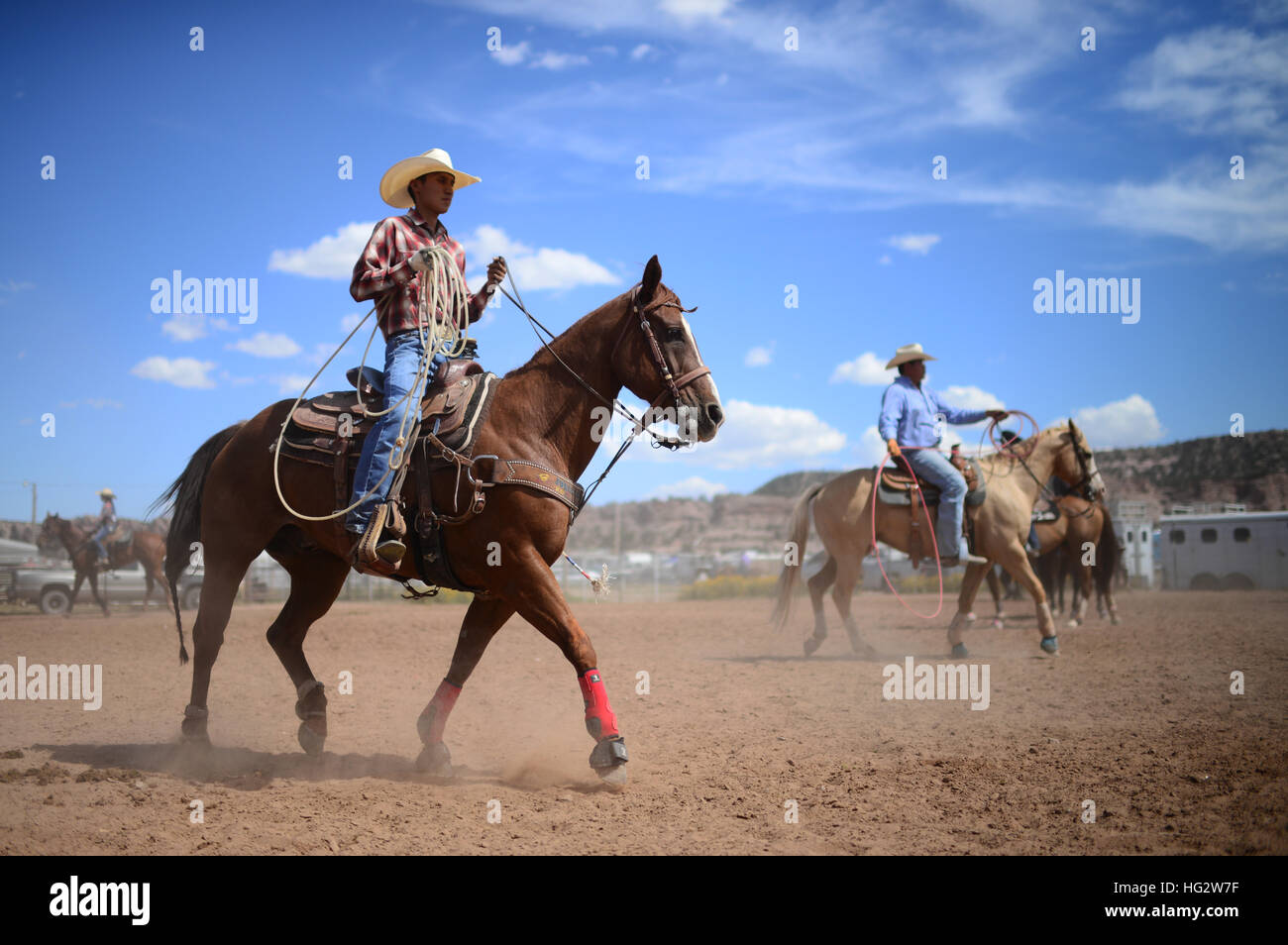 Rodeo competition during Navajo Nation Fair, a world-renowned event that showcases Navajo Agriculture, Fine Arts and Crafts, with the promotion and pr Stock Photo