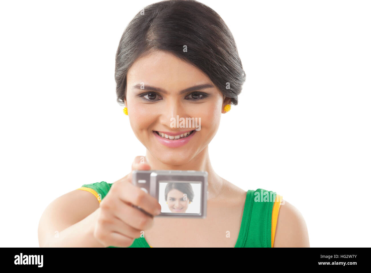 young woman taking a self portrait Stock Photo