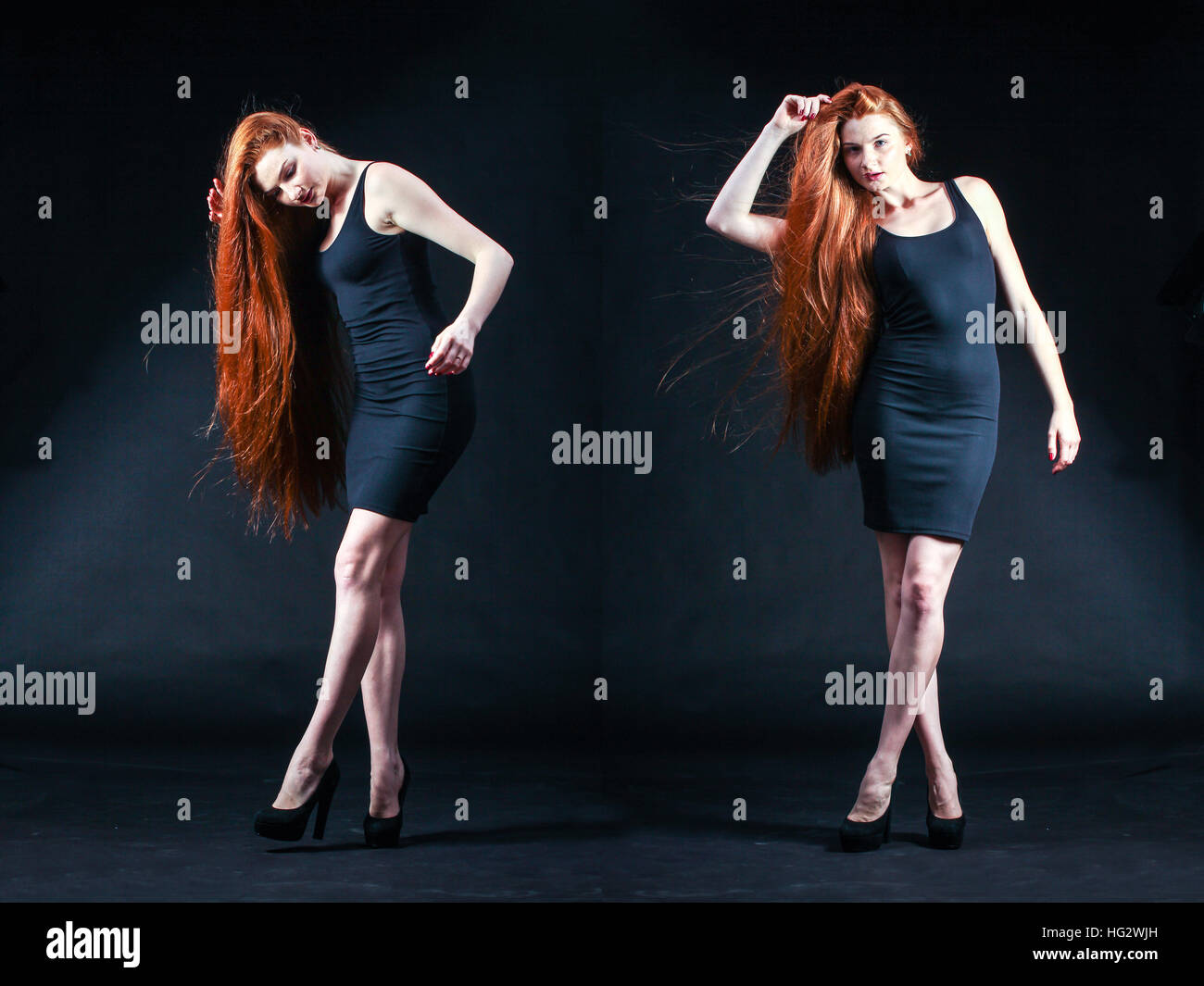 Beauty ginger Girl Portrait. Healthy Long Red Hair. Beautiful Young Woman on black background. Stock Photo