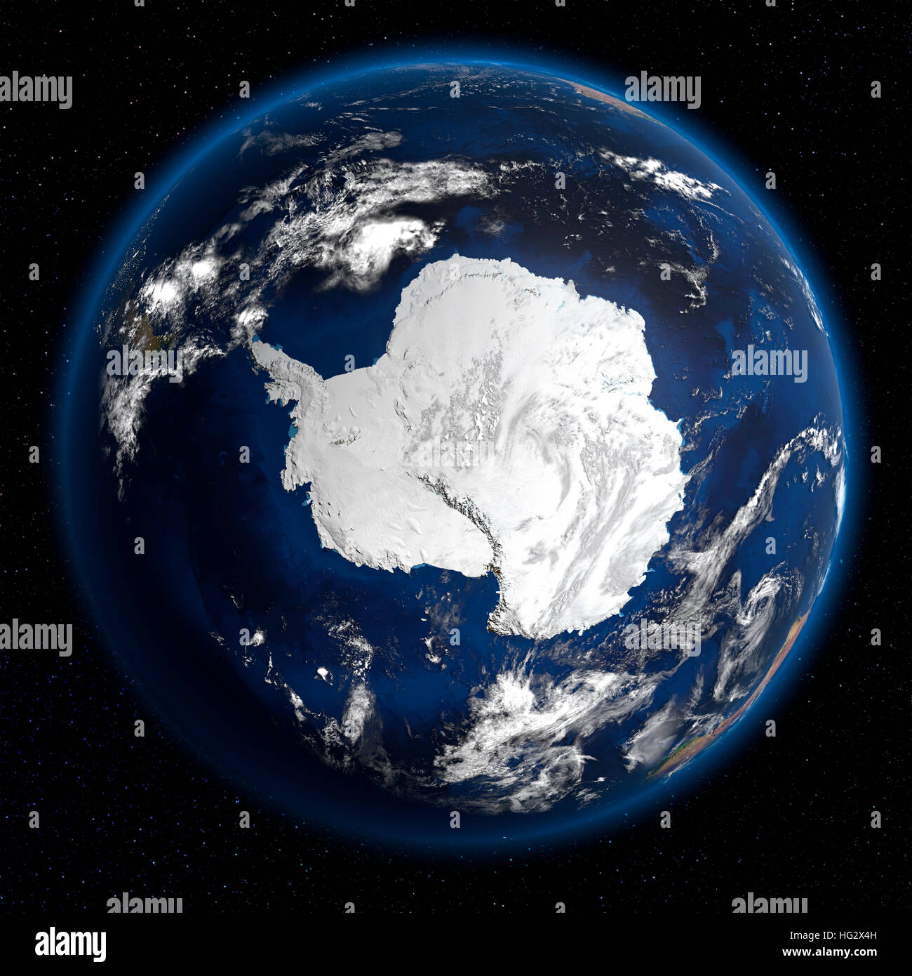 Earth viewed from space showing Antarctica. Realistic digital illustration including relief map hill shading of terrain. Please credit Nasa. Stock Photo