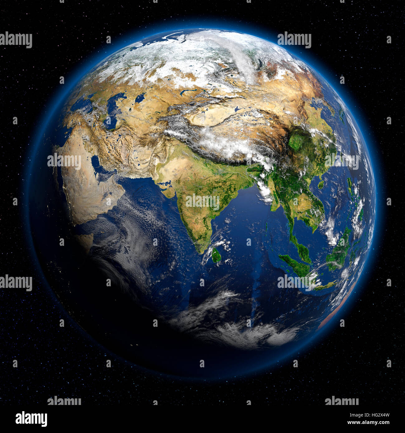 Earth viewed from space showing Central Asia. Realistic digital illustration including relief map hill shading of terrain. Please credit Nasa. Stock Photo