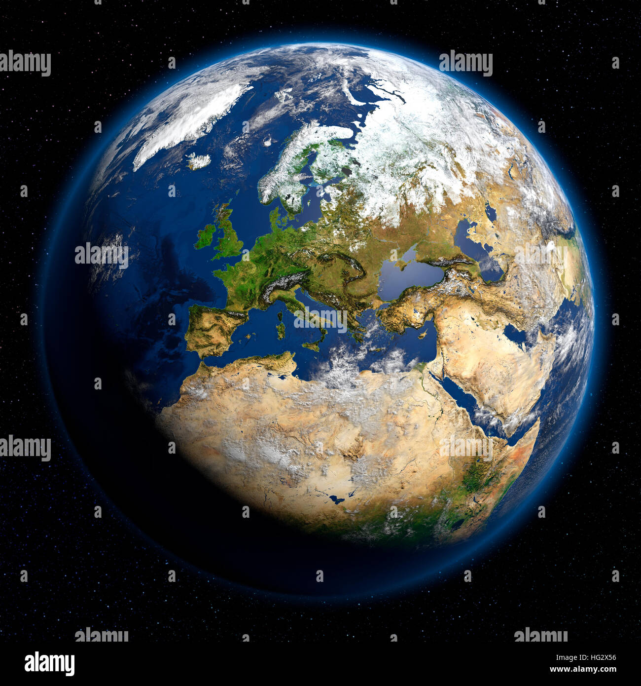 Earth viewed from space showing Europe. Realistic digital illustration including relief map hill shading of terrain. Please credit Nasa. Stock Photo
