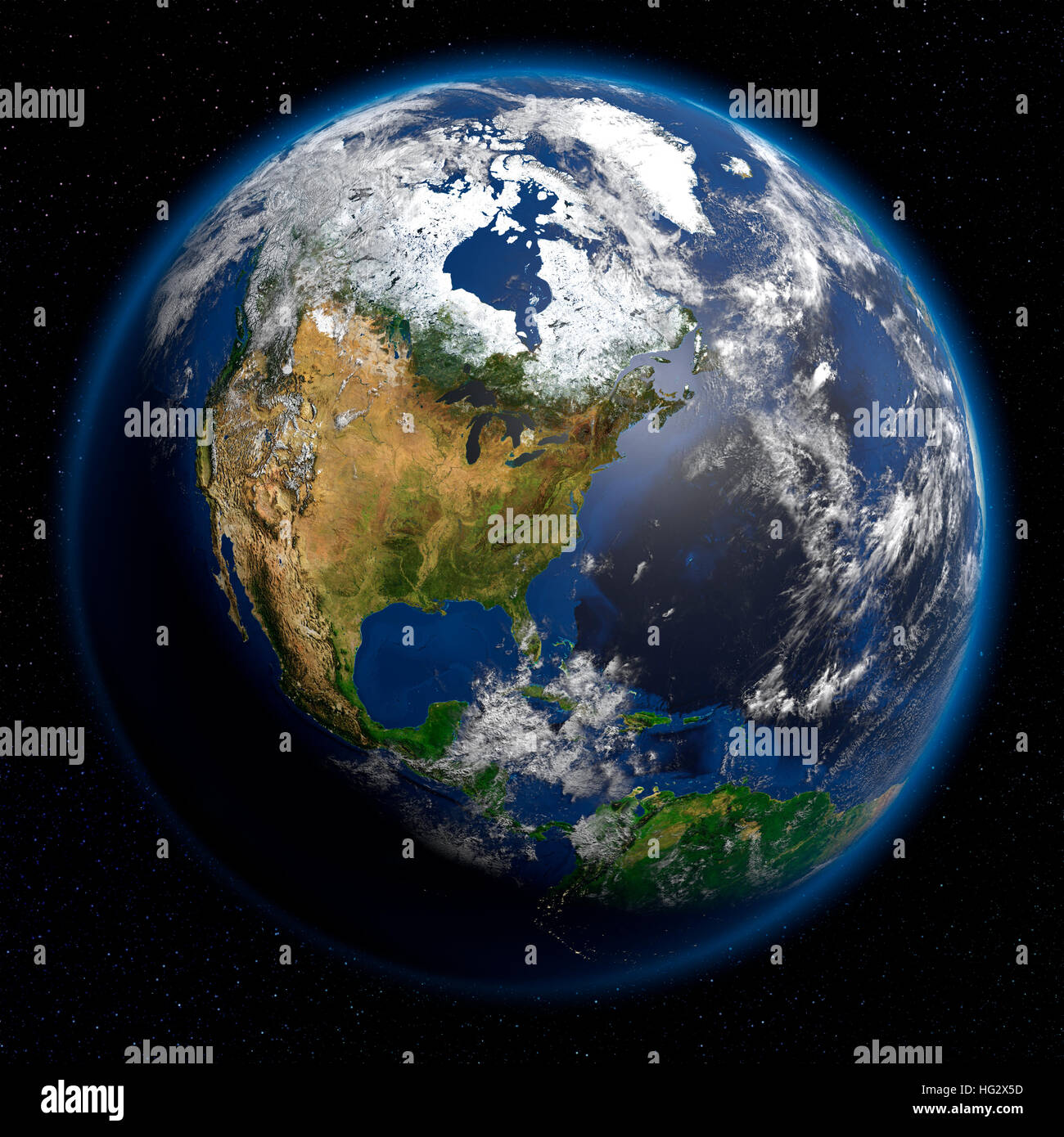 Earth viewed from space showing North America. Realistic digital illustration including relief map hill shading of terrain. Please credit Nasa. Stock Photo