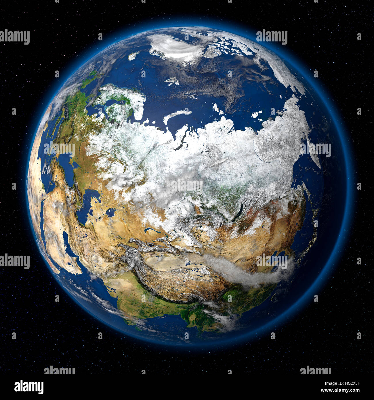 Earth viewed from space showing Russia. Realistic digital illustration including relief map hill shading of terrain. Please credit Nasa. Stock Photo