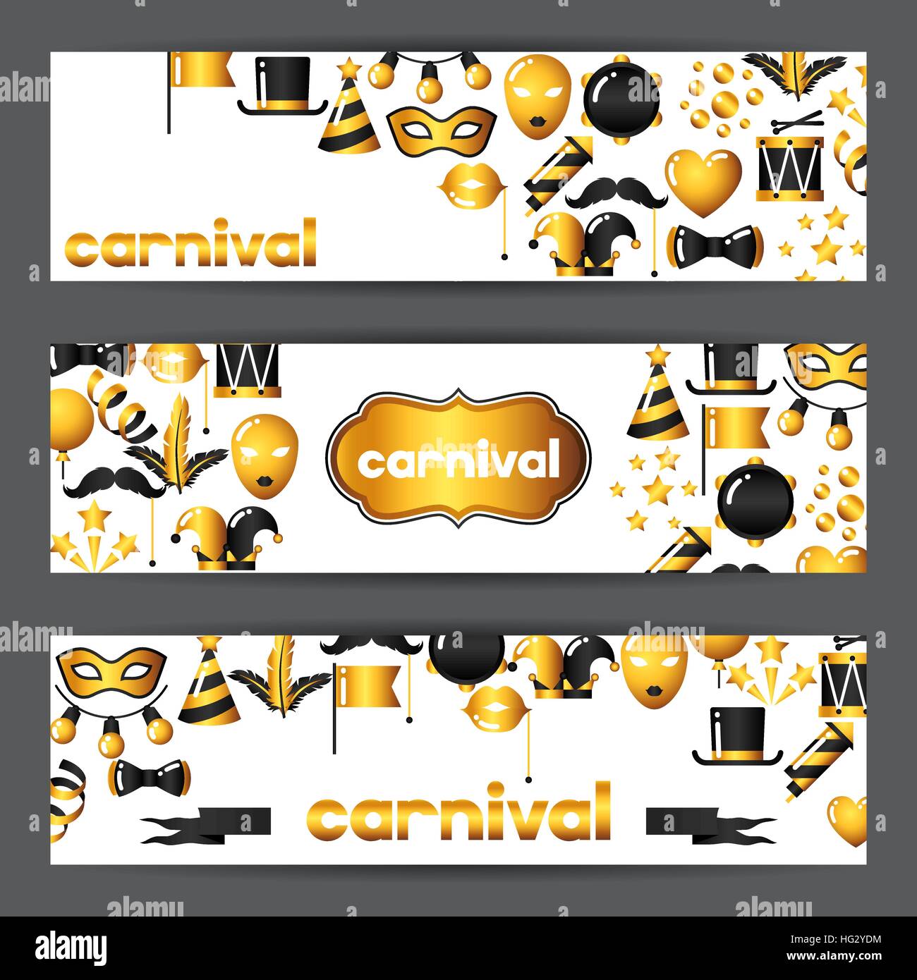 Carnival banners with gold icons and objects. Celebration party backgrounds Stock Vector