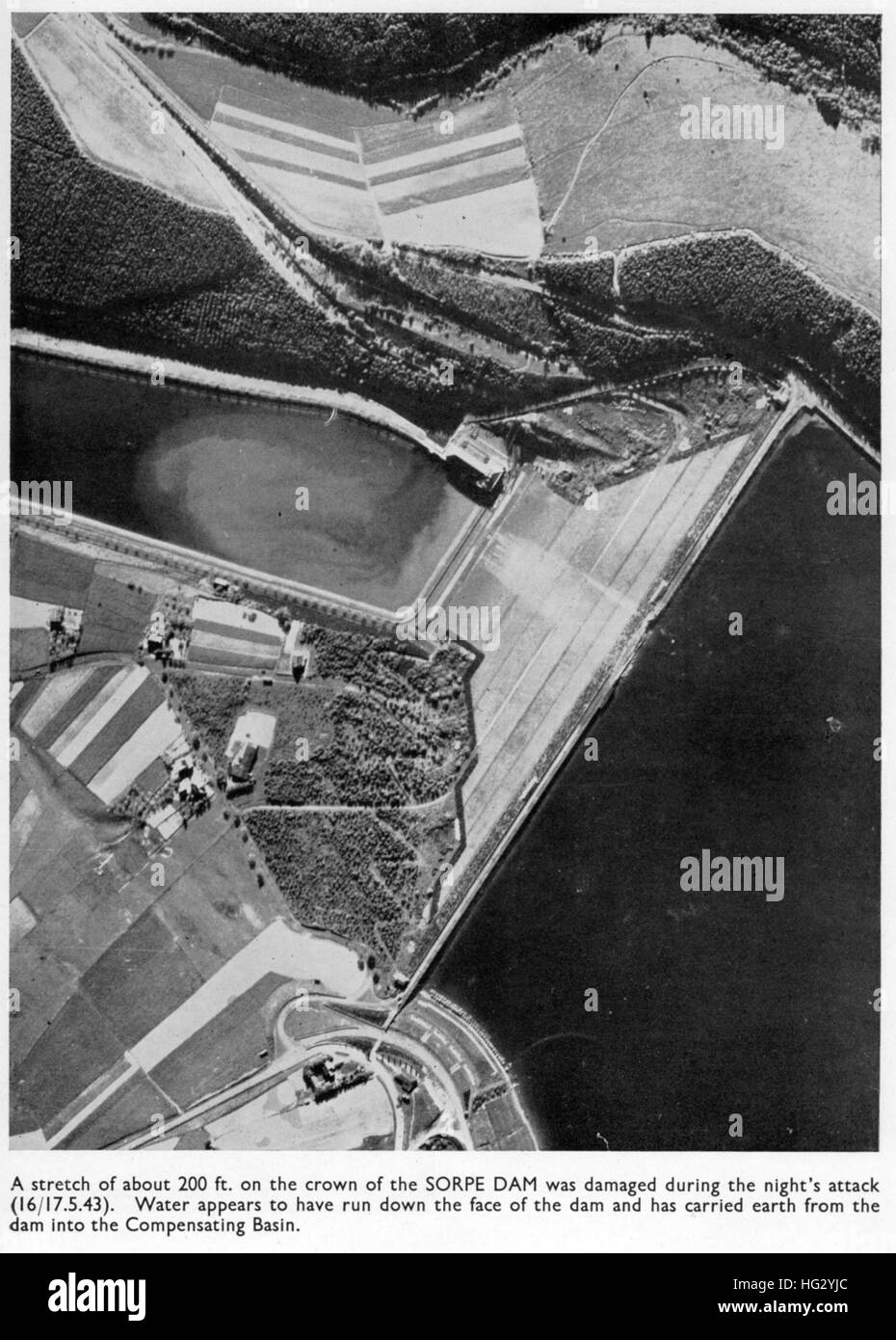DAMS RAIDS - OPERATION CHASTISE  Photo reconnaissance of the Sorpe Dam on 17 May after the previous night's attach by 617 Squadron RAF as published in a June 1943 edition of Evidence in Camera. Stock Photo