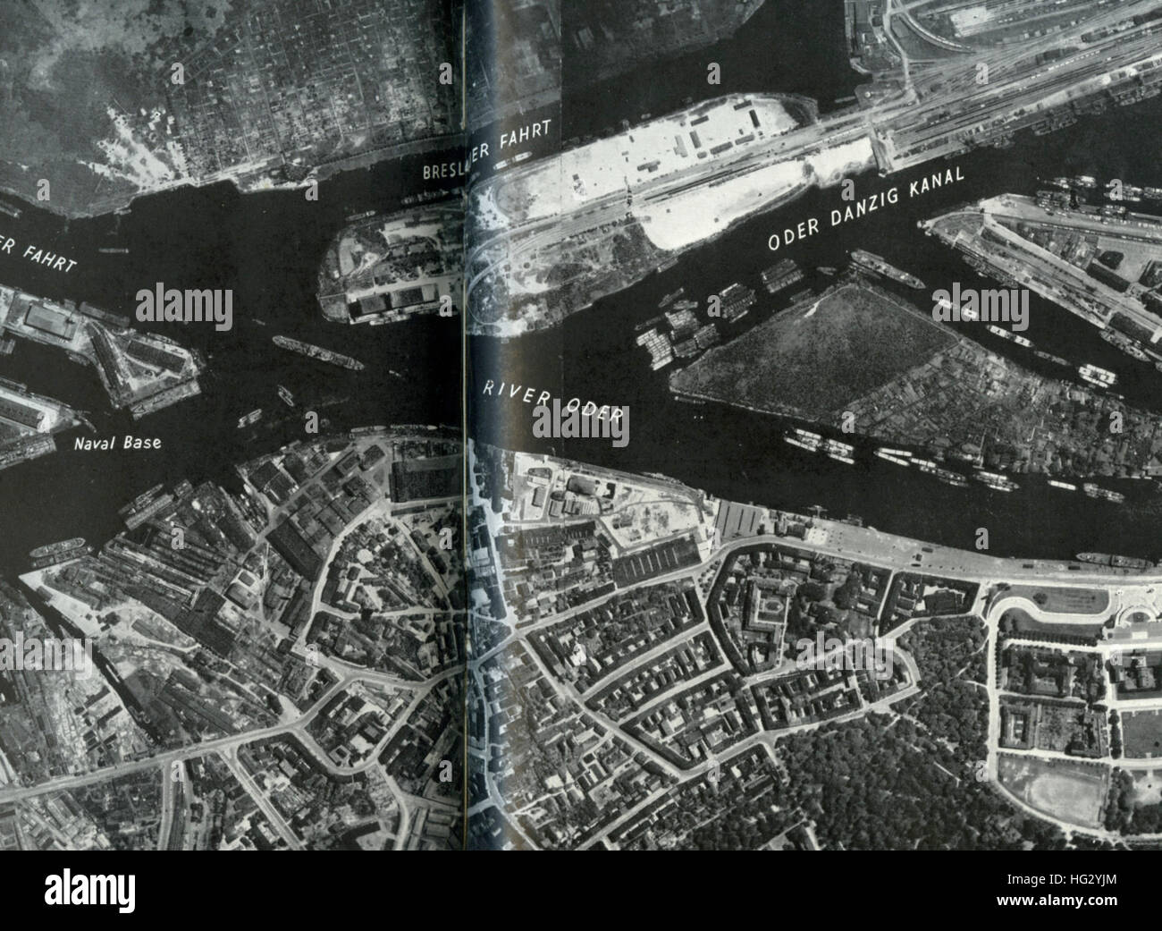STETTIN, Germany, June 1942. Air reconnaissance photo of the junction of the River Oder and the Danzig Canal published in Evidence in Camera in June 1942. Part of a series entitled Know Your Ports. Stock Photo