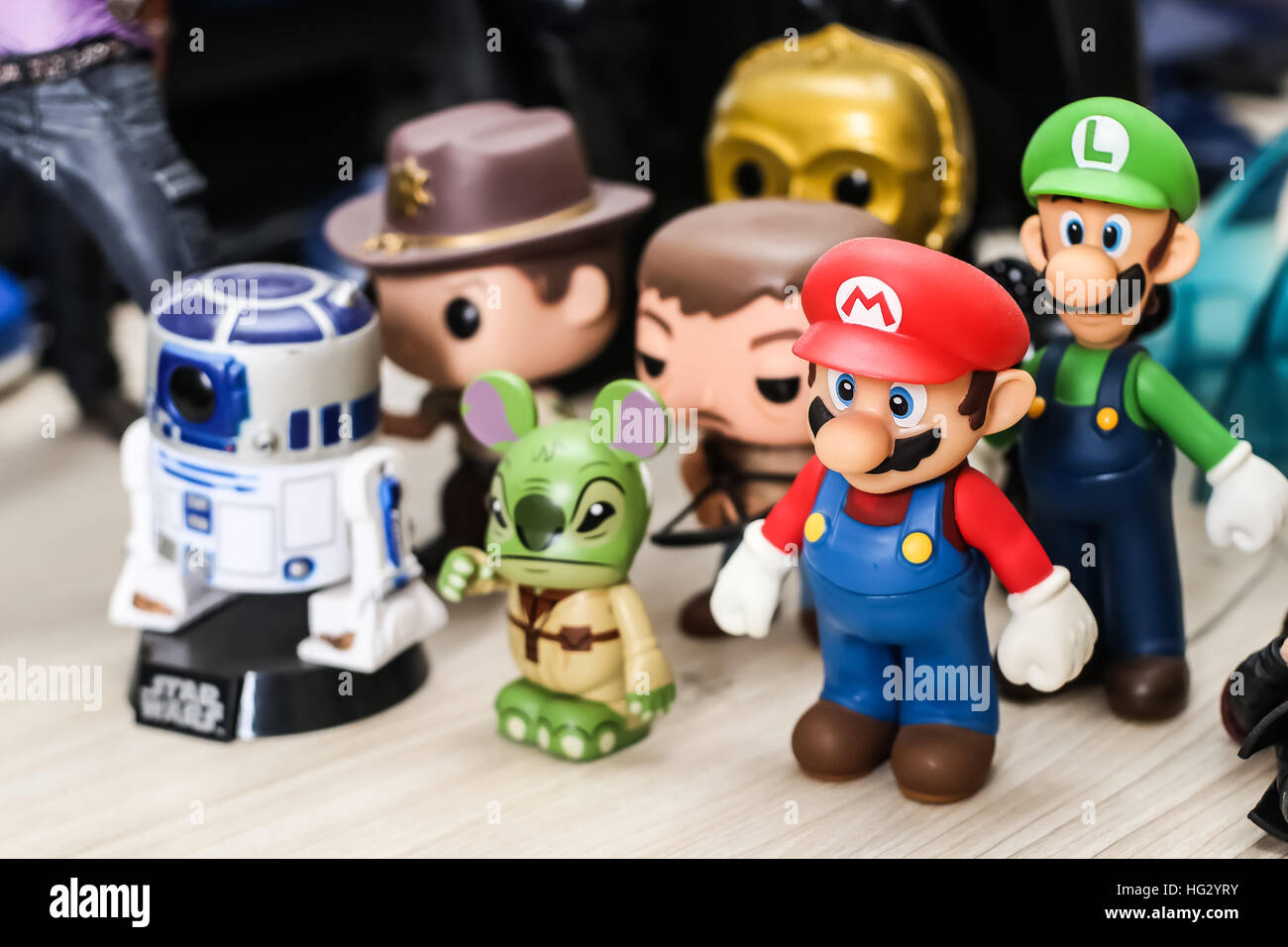 A group of known toys on a table Stock Photo