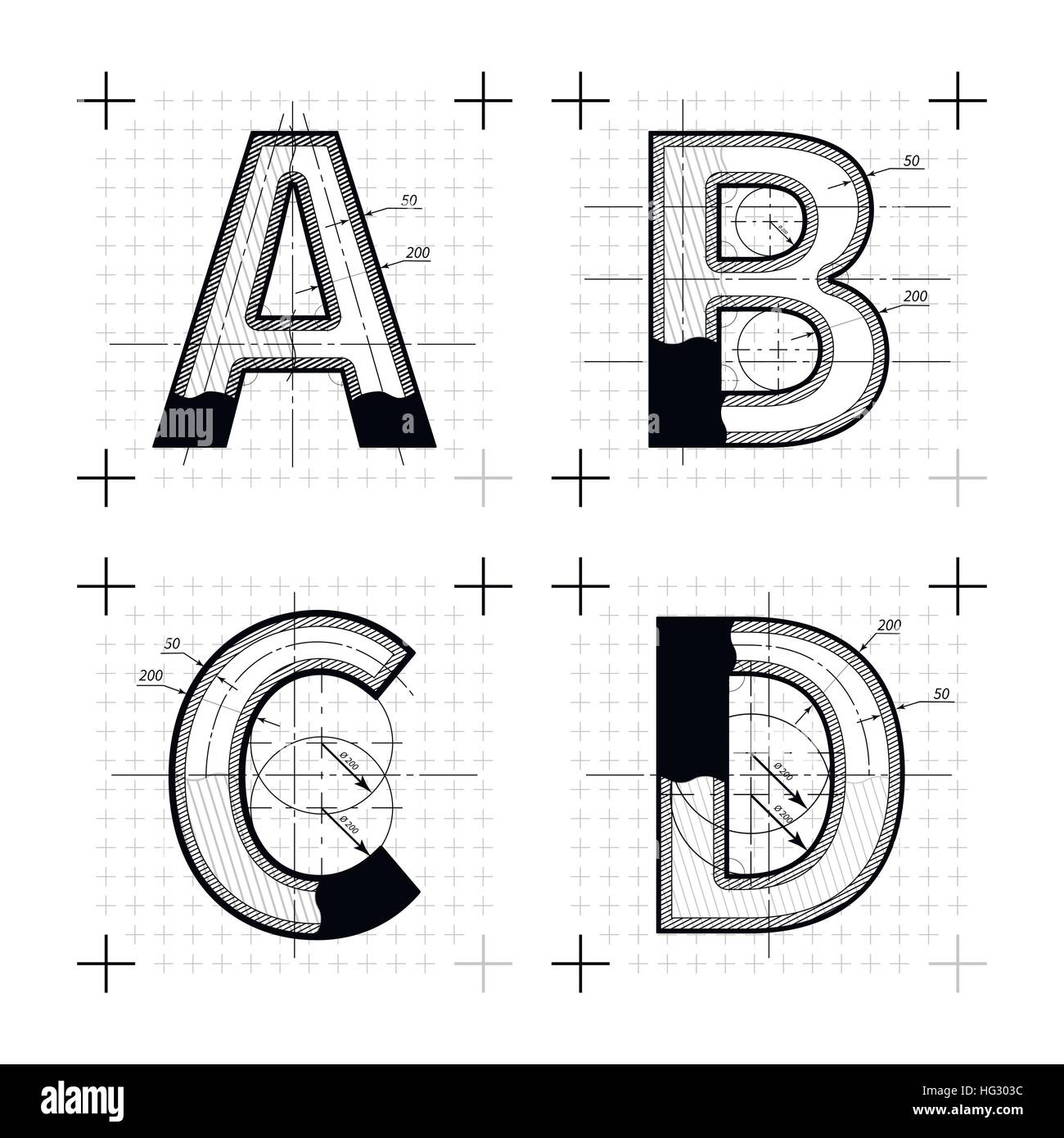 Architectural sketches of A B C D letters. Blueprint style font on white. Stock Vector