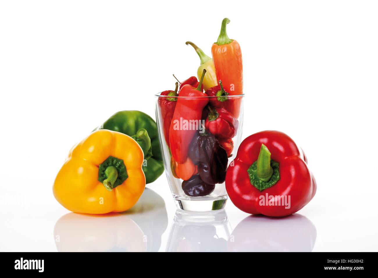 Assorted chili peppers - Habanero, Fresno, Thai Chili, Santa Fe, Scotch Bonnet and Jalapeno Stock Photo