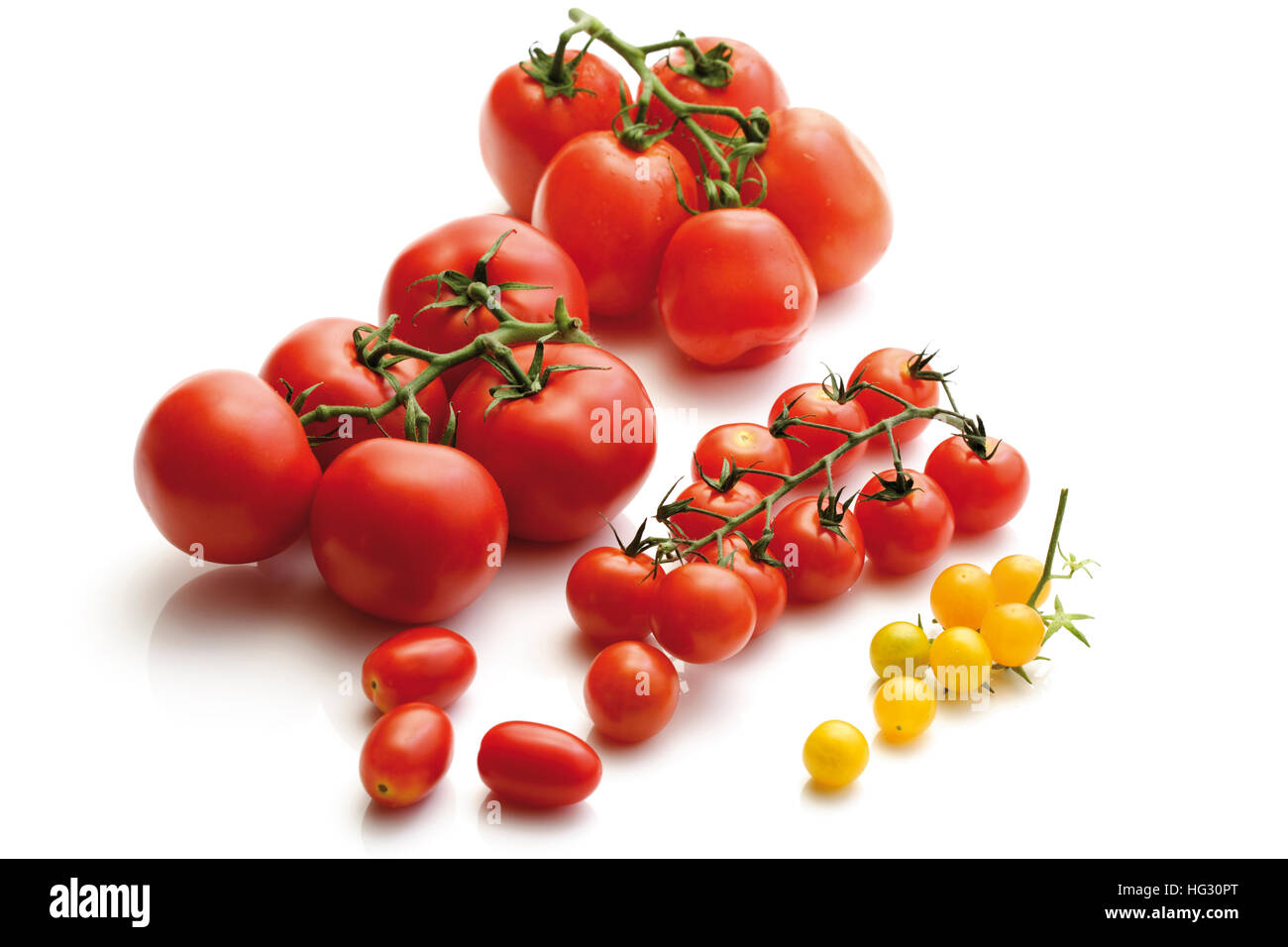 Tomato varieties vine tomatoes, plum tomatoes, grape tomatoes, red and yellow cherry tomatoes