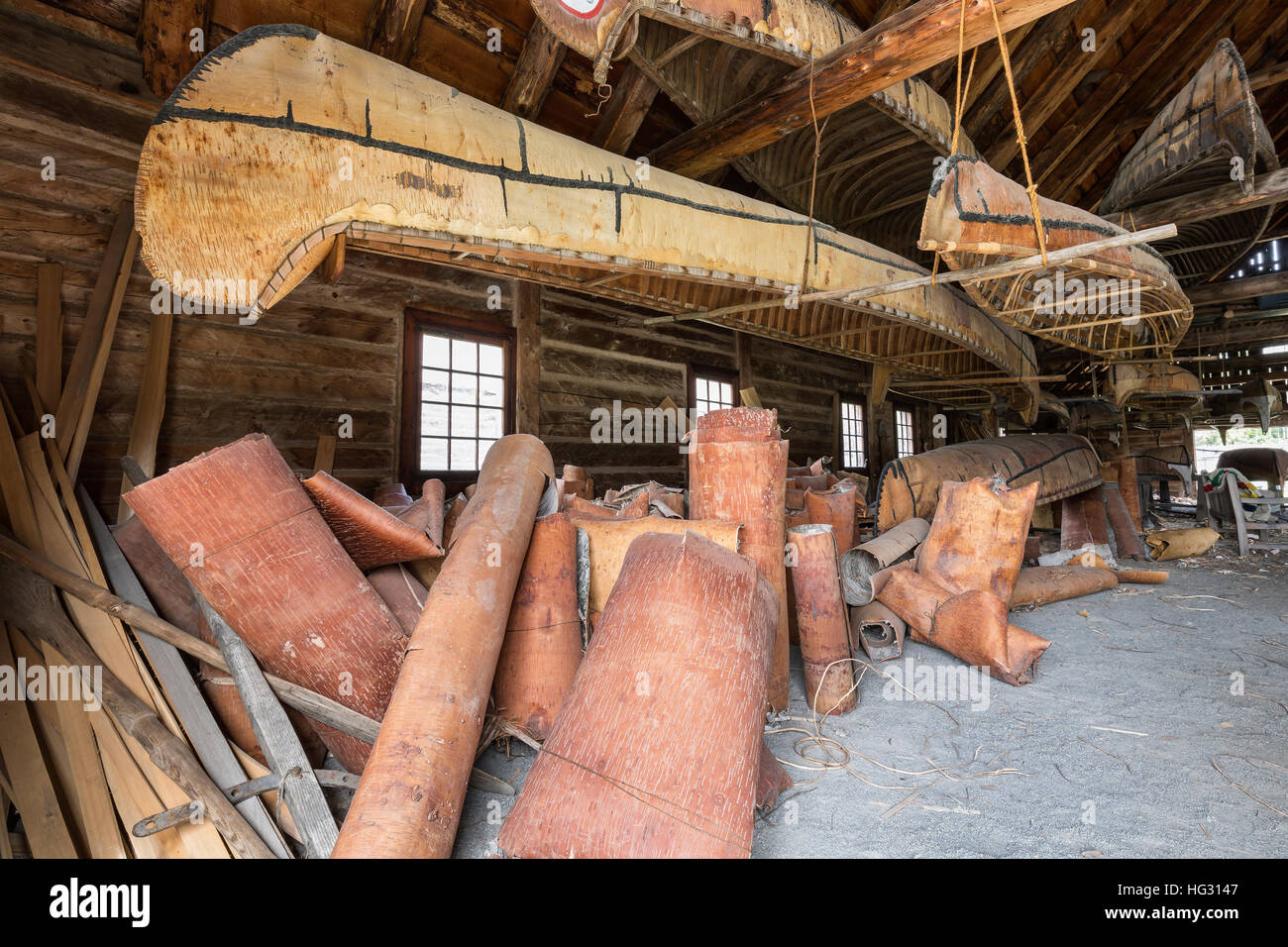 Traditional Birch bark canoes. Stock Photo