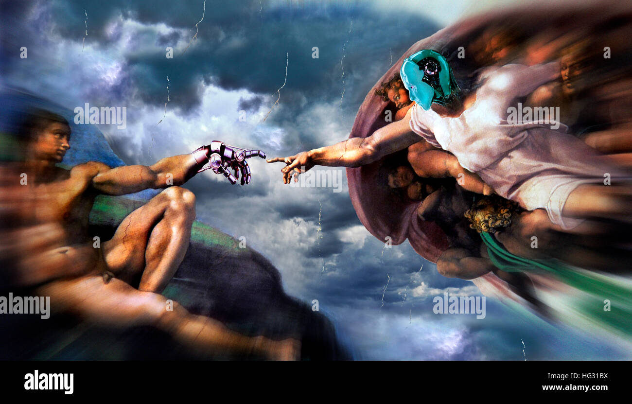 The Creation of Adam, Michelangelo, composed with robot hand and head Stock Photo