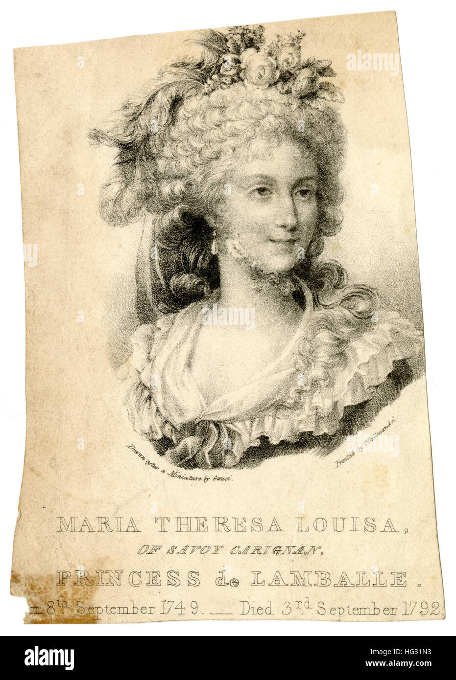 Antique c1840 engraving, Princess de Lamballe. Princess Marie-Louise Thérèse of Savoy-Carignan (1749-1792) was a member of a cadet branch of the House of Savoy. SOURCE: ORIGINAL ENGRAVING. Stock Photo
