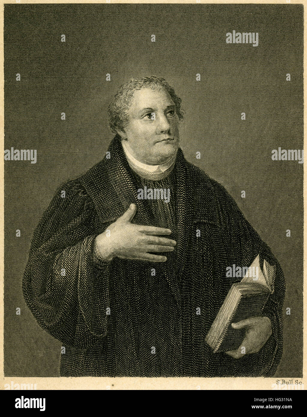 Antique c1840 engraving, Dr. Martin Luther. Martin Luther (1483-1546) was a German professor of theology, composer, priest, monk and a seminal figure in the Protestant Reformation. SOURCE: ORIGINAL ENGRAVING. Stock Photo