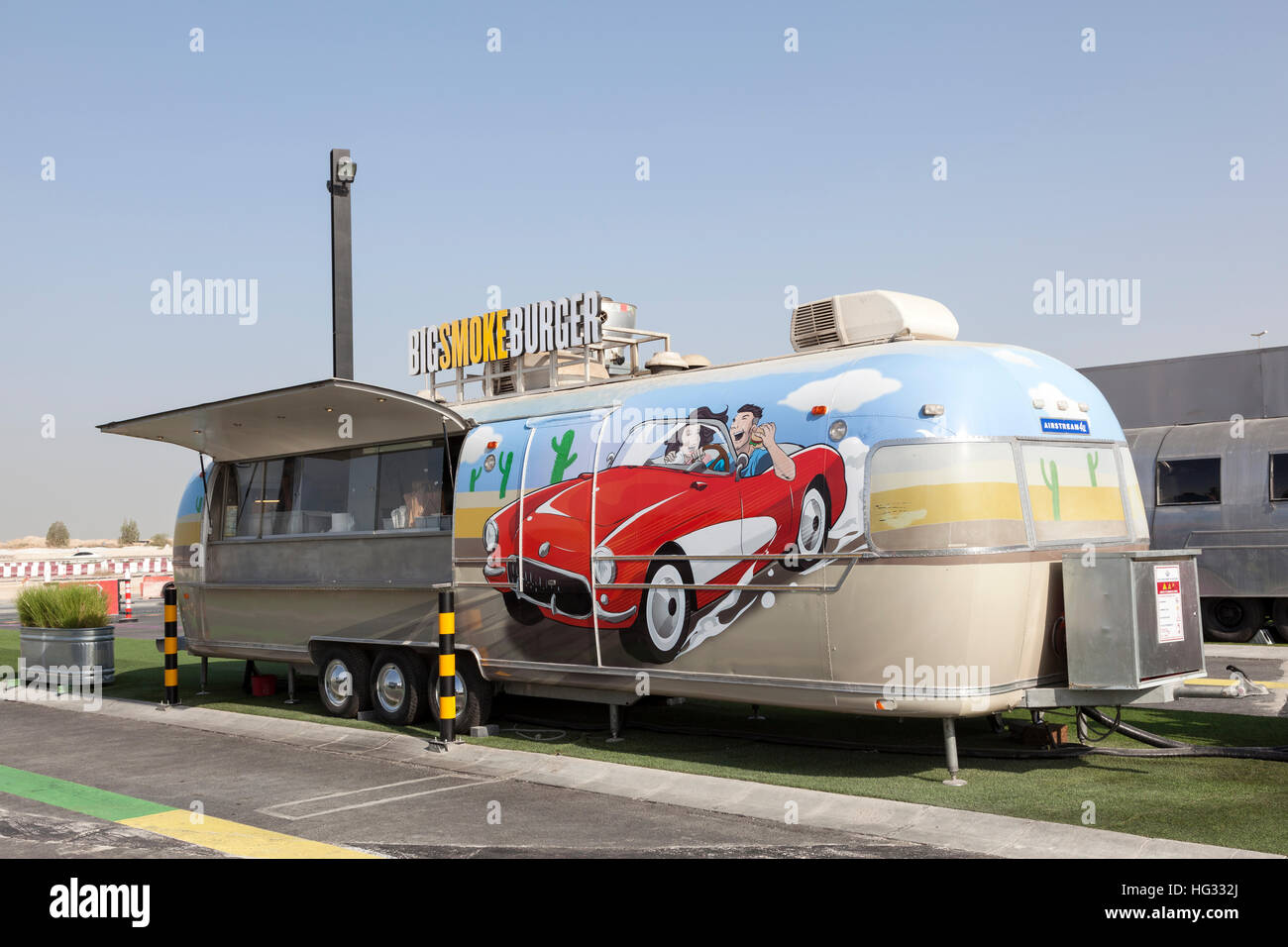 Airstream caravan food truck at the Last Exit food trucks park in Abu Dhabi Stock Photo