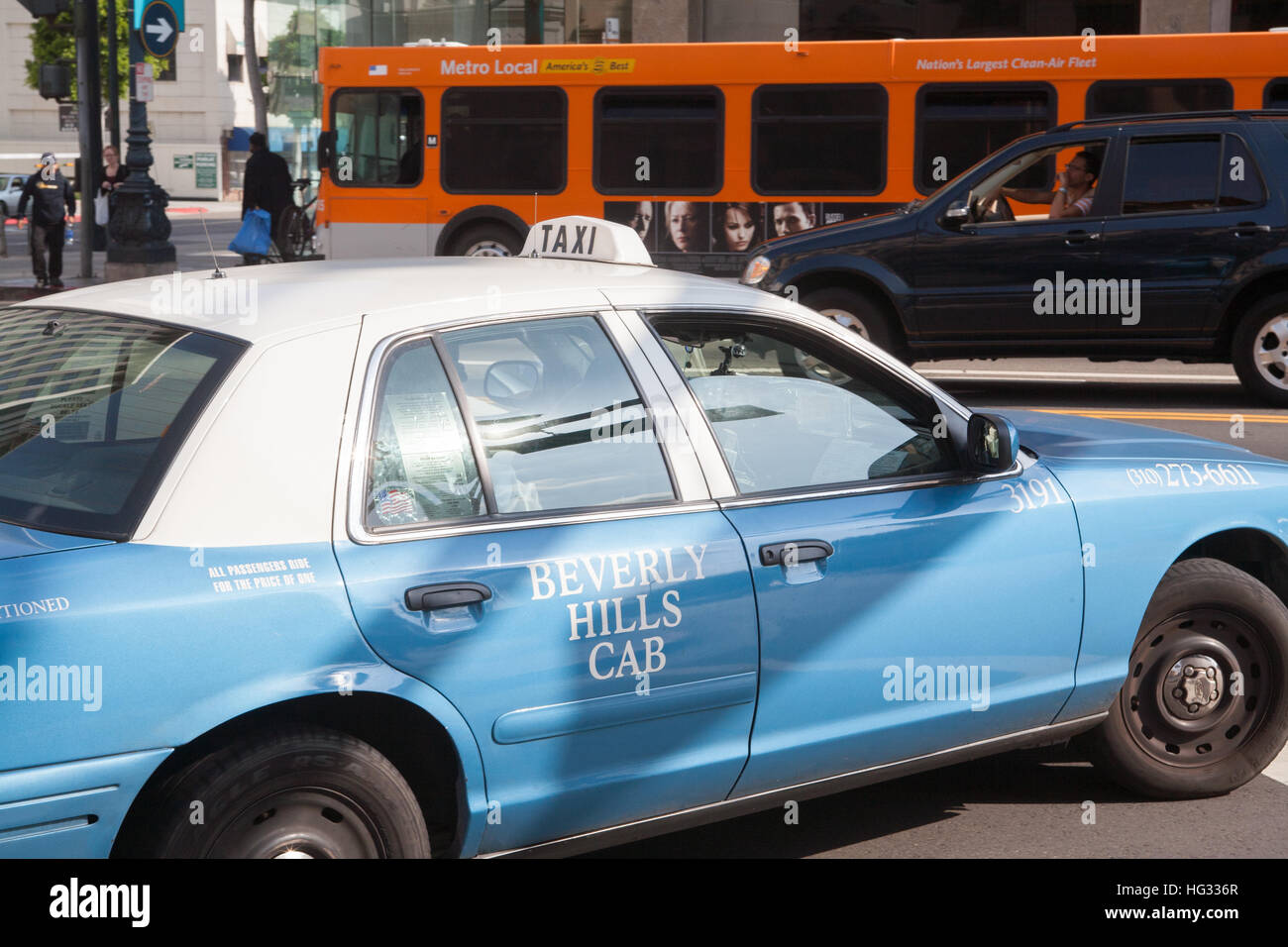 Beverly Hills, taxi,cab,car, in Downtown, Los Angeles,LA,LA LA LAND,California,USA, Stock Photo