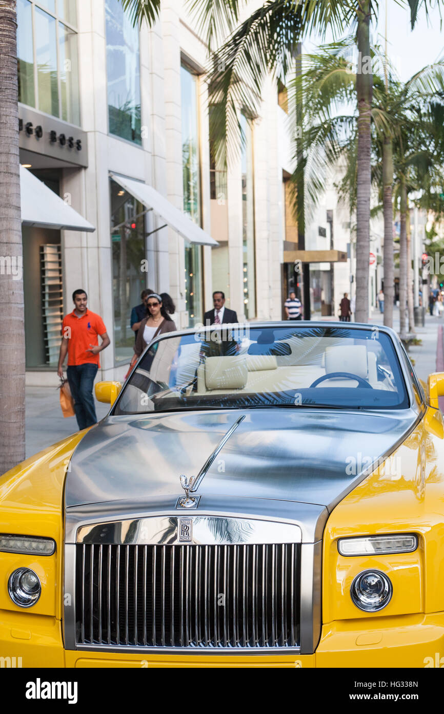 Rolls Royce car on Rodeo Drive in Beverly Hills,Los Angeles,L.A.,U.S.A.,California,United States of America,palm tree,exclusive, Stock Photo