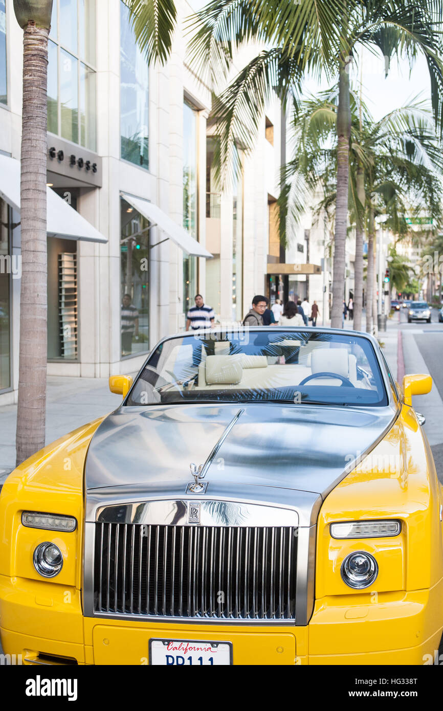Rolls Royce car on Rodeo Drive in Beverly Hills,Los Angeles,L.A.,U.S.A.,California,United States of America,palm tree,exclusive, Stock Photo