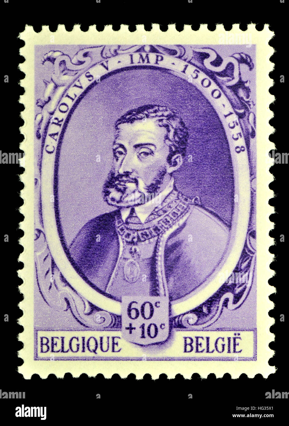 Belgian postage stamp (1941) : Charles V (1500-1558) Holy Roman Emperor (1519-56) Archduke of Austria (1519-21) King of Spain (1519-56) Lord of the... Stock Photo