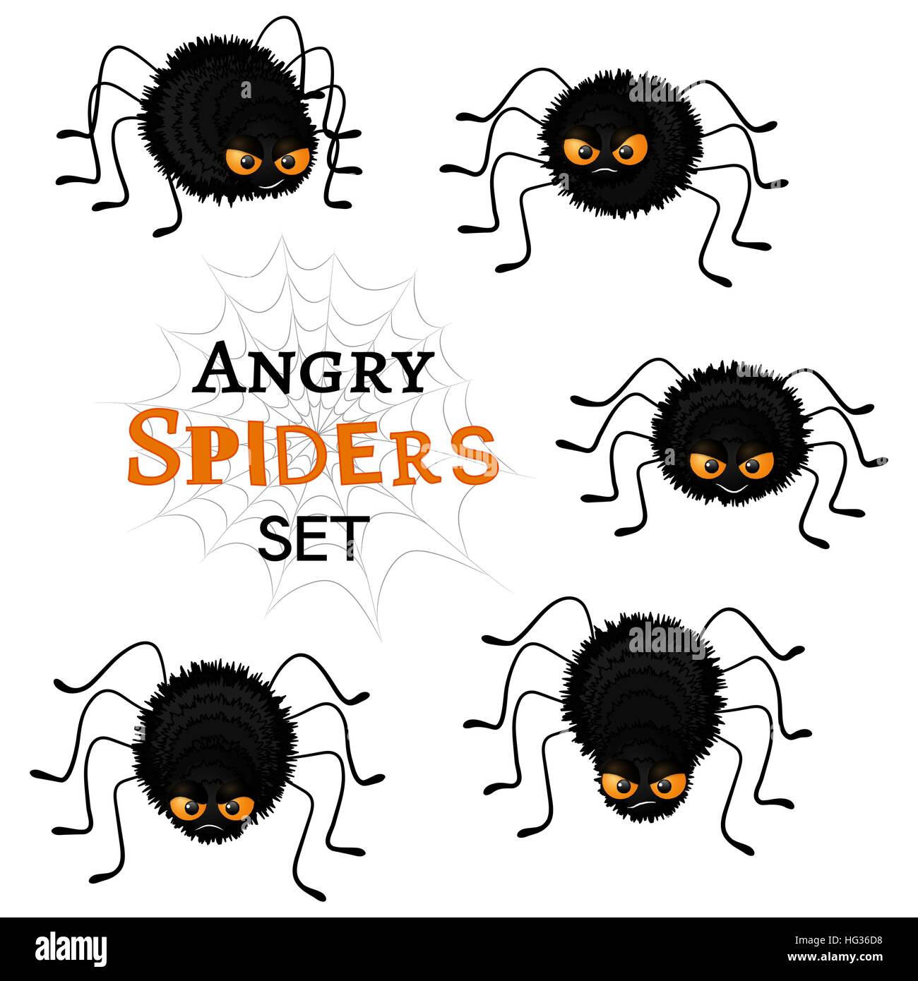 Cartoon scary black spiders set isolated on white background. Funny insects characters with angry faces and orange eyes. Flat Halloween elements collection for your design. Vector illustration. Stock Vector