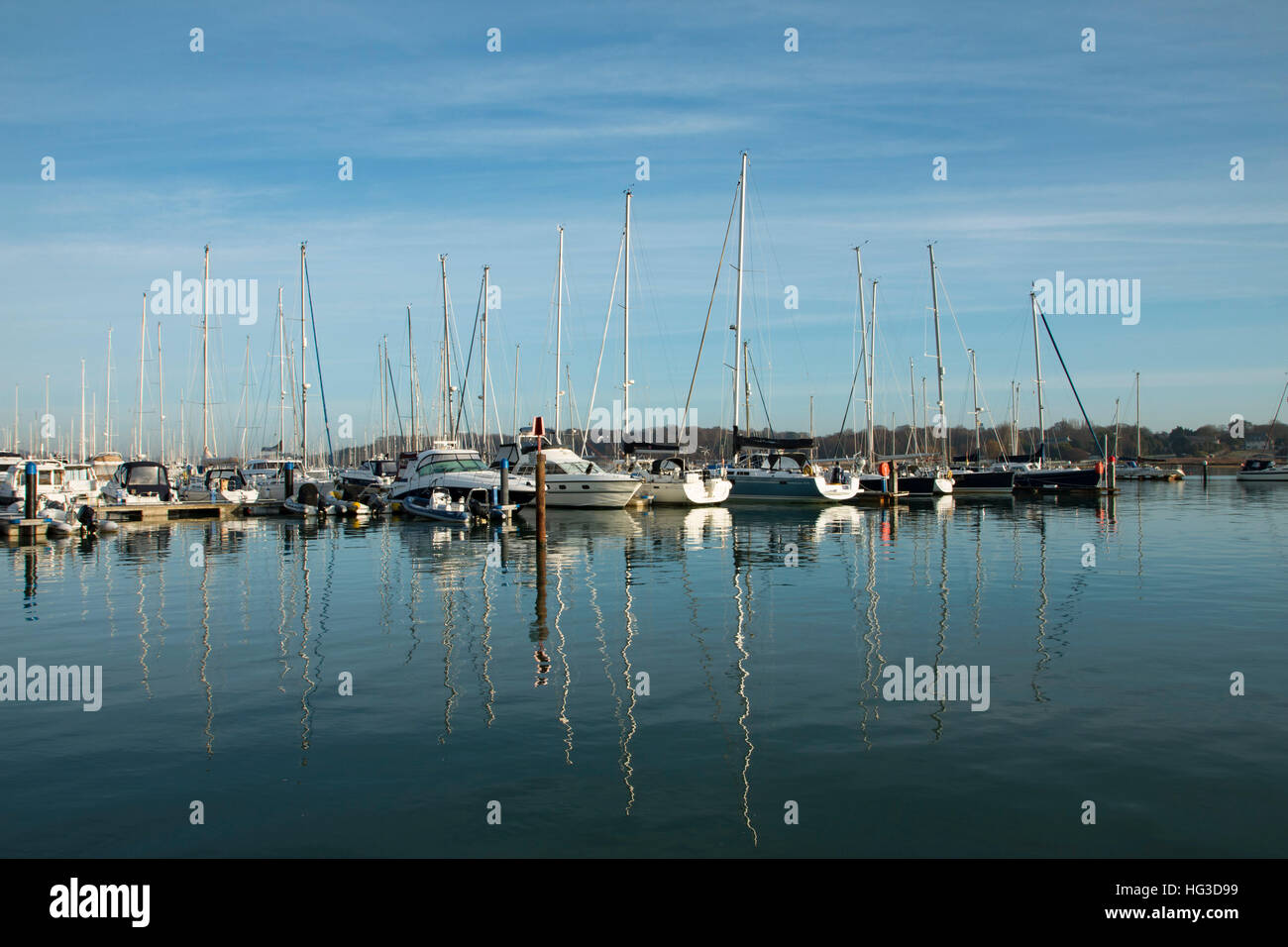 Yachts and boats mored at the marina at Hamble which is a picturesque village on the south coast of England Stock Photo