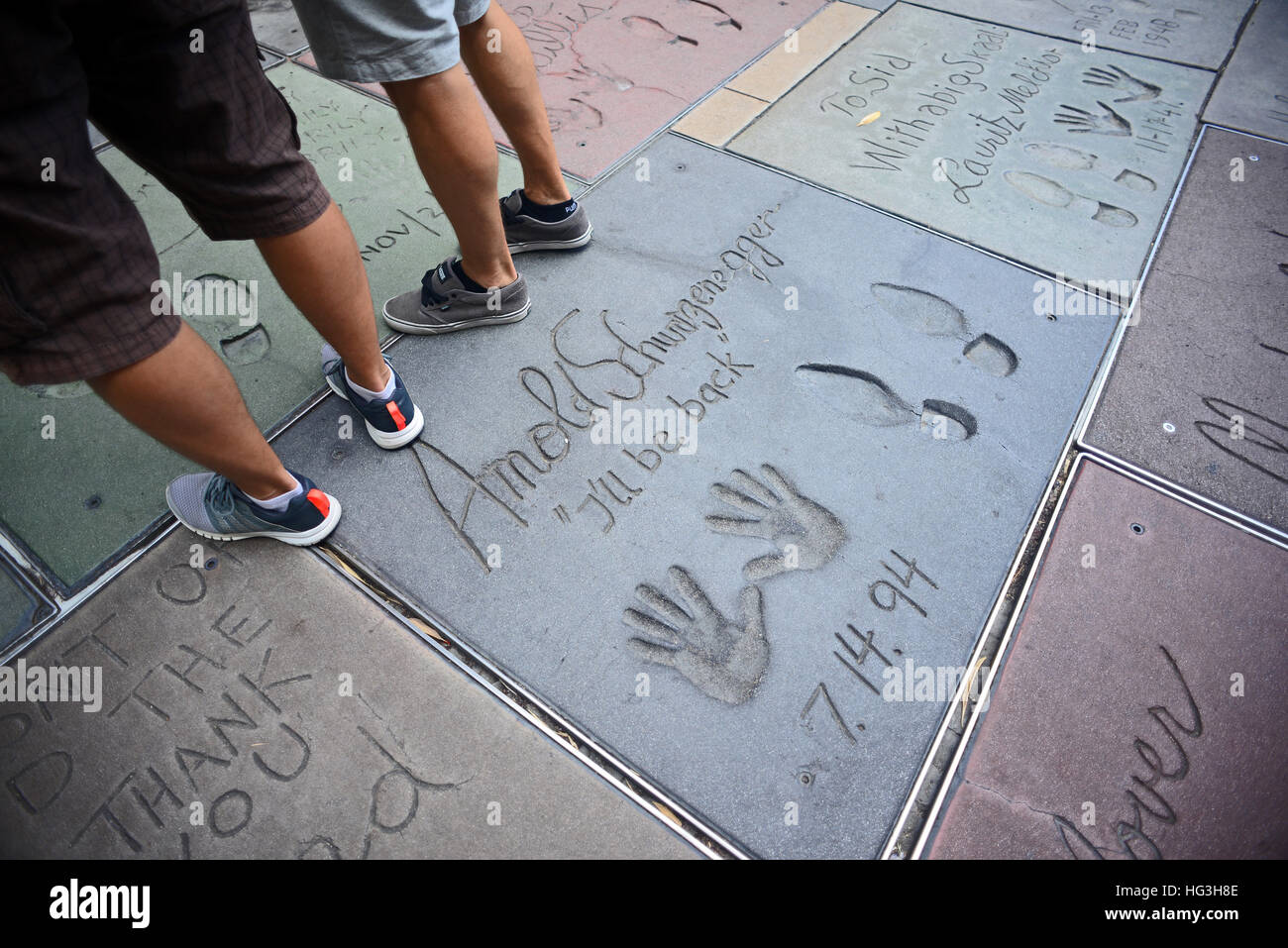 Arnold Schwarzenegger´s ´s prints at Grauman's Chinese Theatre, Hollywood Boulevard. Stock Photo