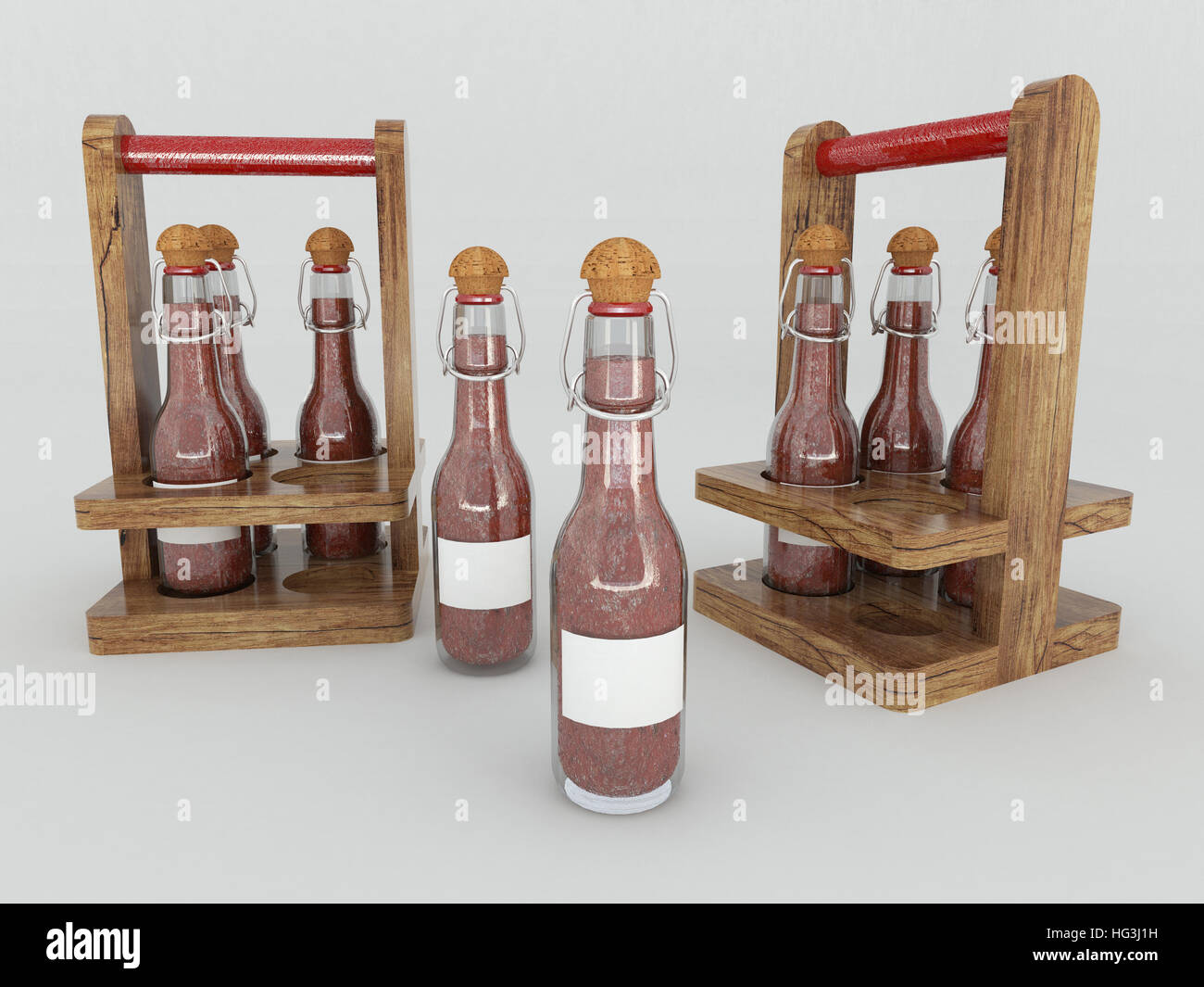 3D render of Chilli sauce in glass bottles Stock Photo
