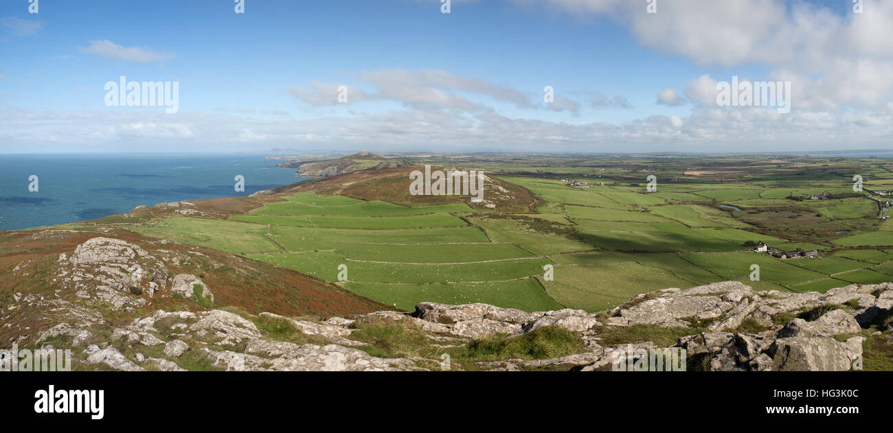Panoramic views of countryside around St David's Head from the top of Carn Llidi in Pembrokeshire, Wales, UK. Stock Photo