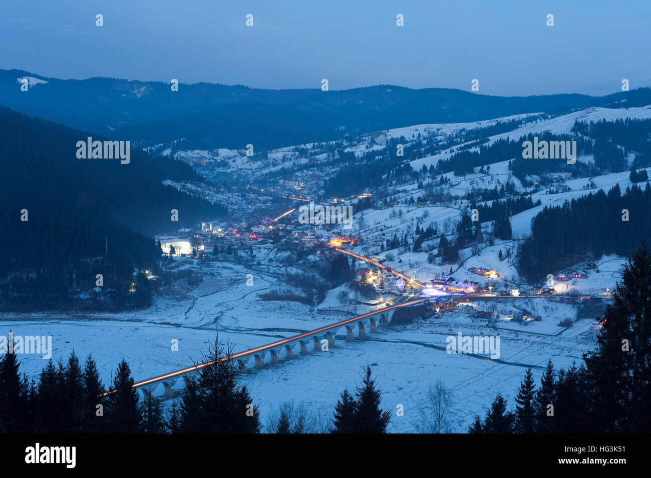 Poiana Largului traditional village at night, Romania on New Year' s Eve 2017 Stock Photo