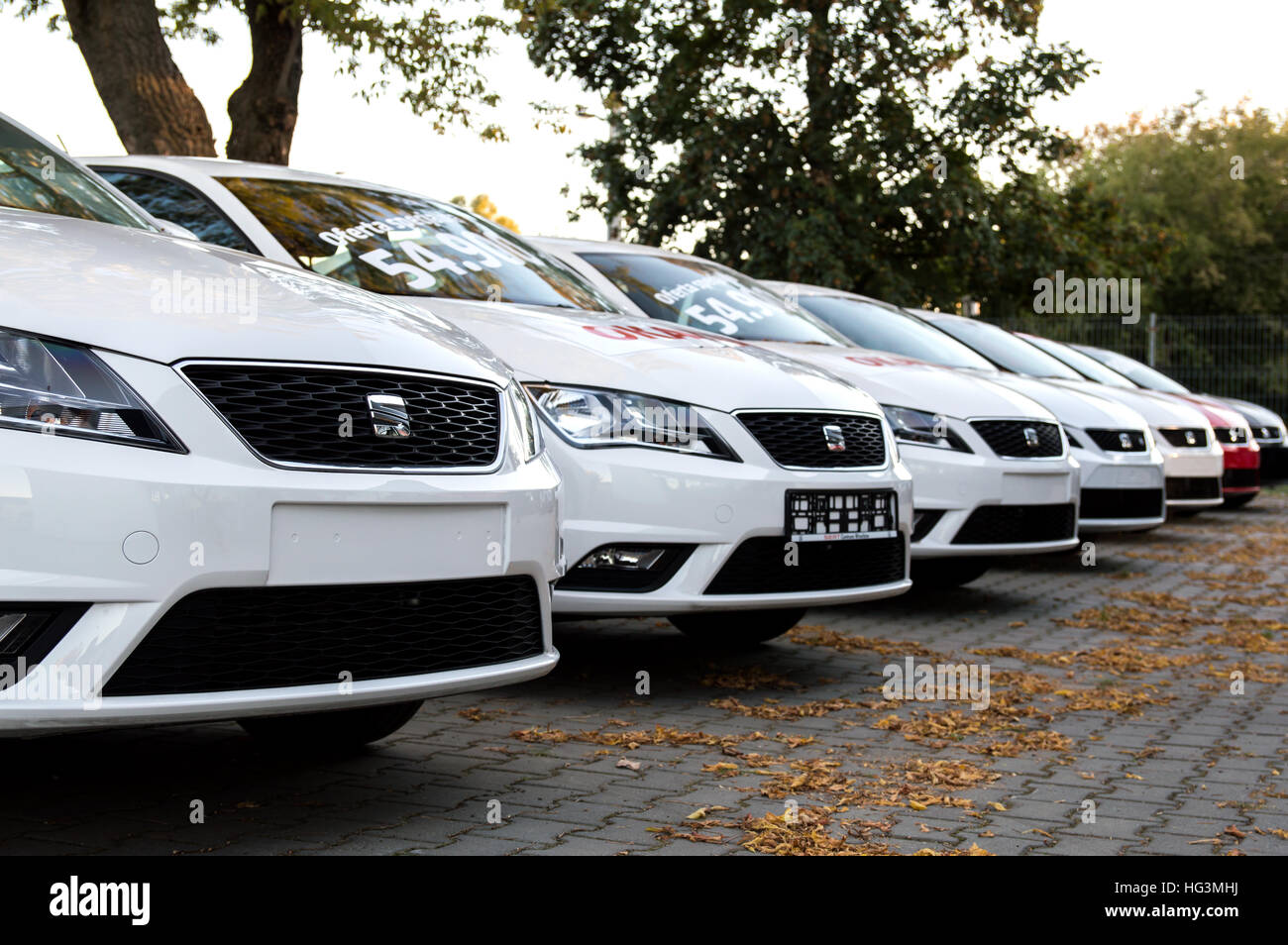 WROCLAW, POLAND- SEPTEMBER 17th, 2016: Several Seat cars stands on dealer parking i Wroclaw.  SEAT is a Spanish automobile manufacturer with its head Stock Photo