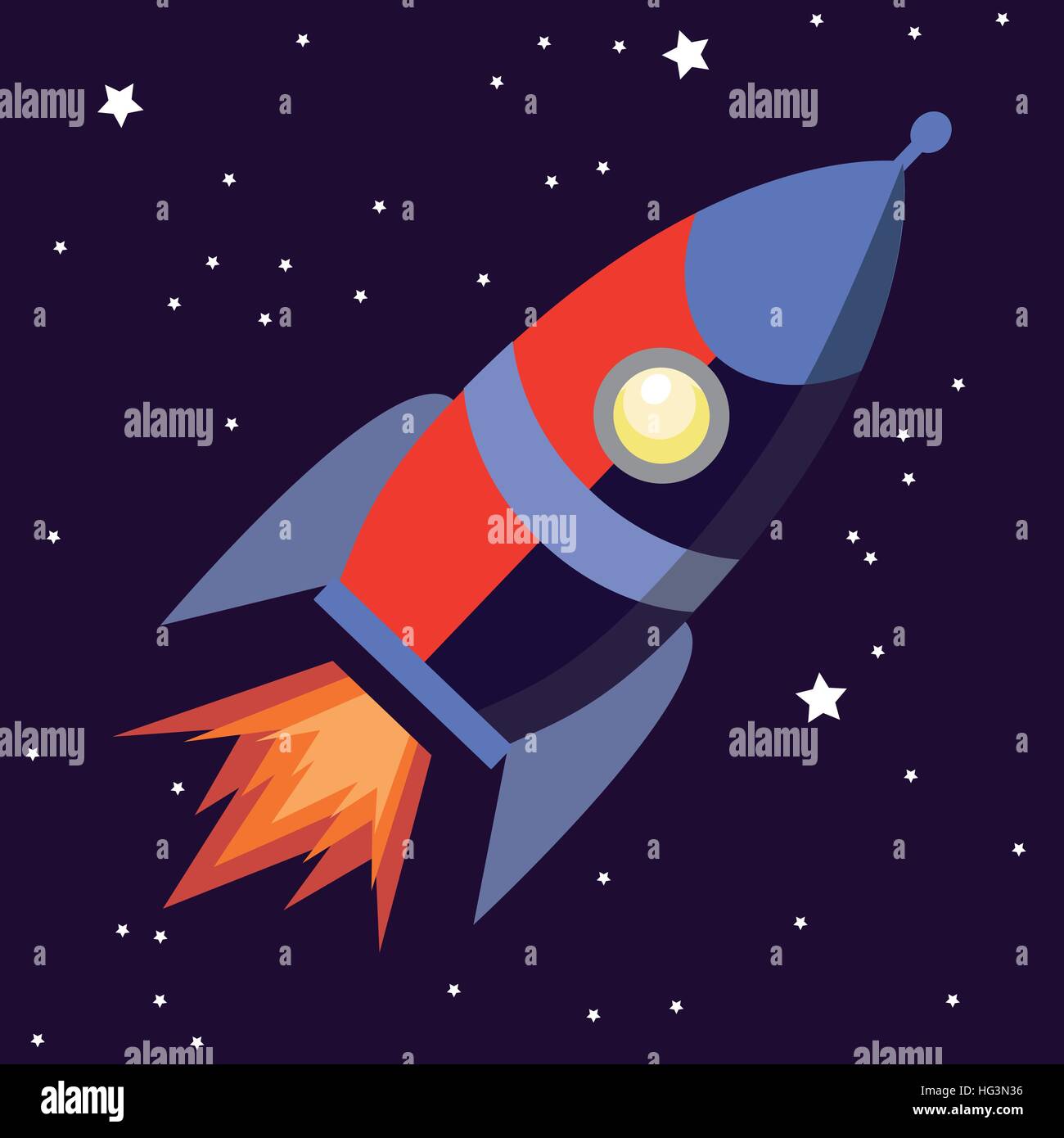 Illustration of a cute cartoon rocket space ship isolated on starry background Stock Vector