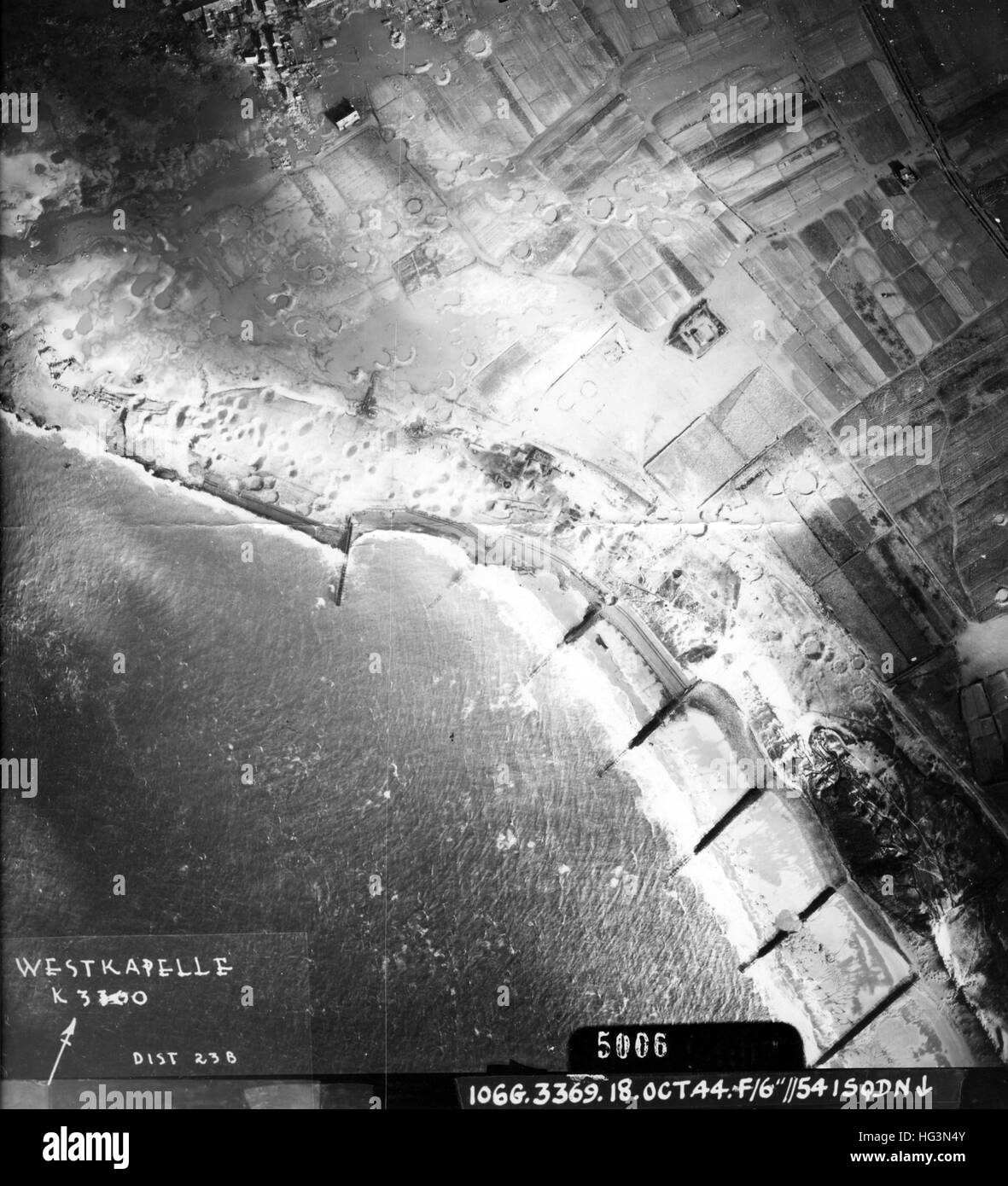 WESTKAPELLE, Holland. Photo reconnaissance by 541 Squadron RAF on 18 October 1944 showing bomb craters from the daylight attack by 227 Squadron RAF and others the previous day intended to breach the dykes and isolate German positions by flooding Stock Photo