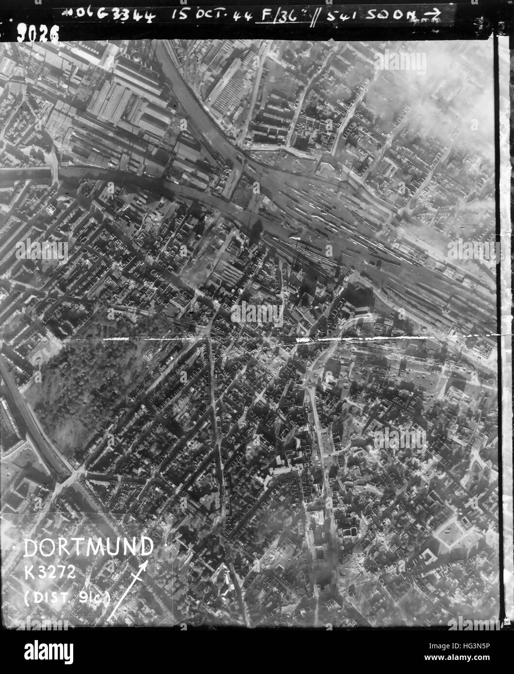 DORTMUND, Germany in an aerial reconnaissance photo on 15 October 1944 showing bomb damage in the area south west of the main railway station. Stock Photo