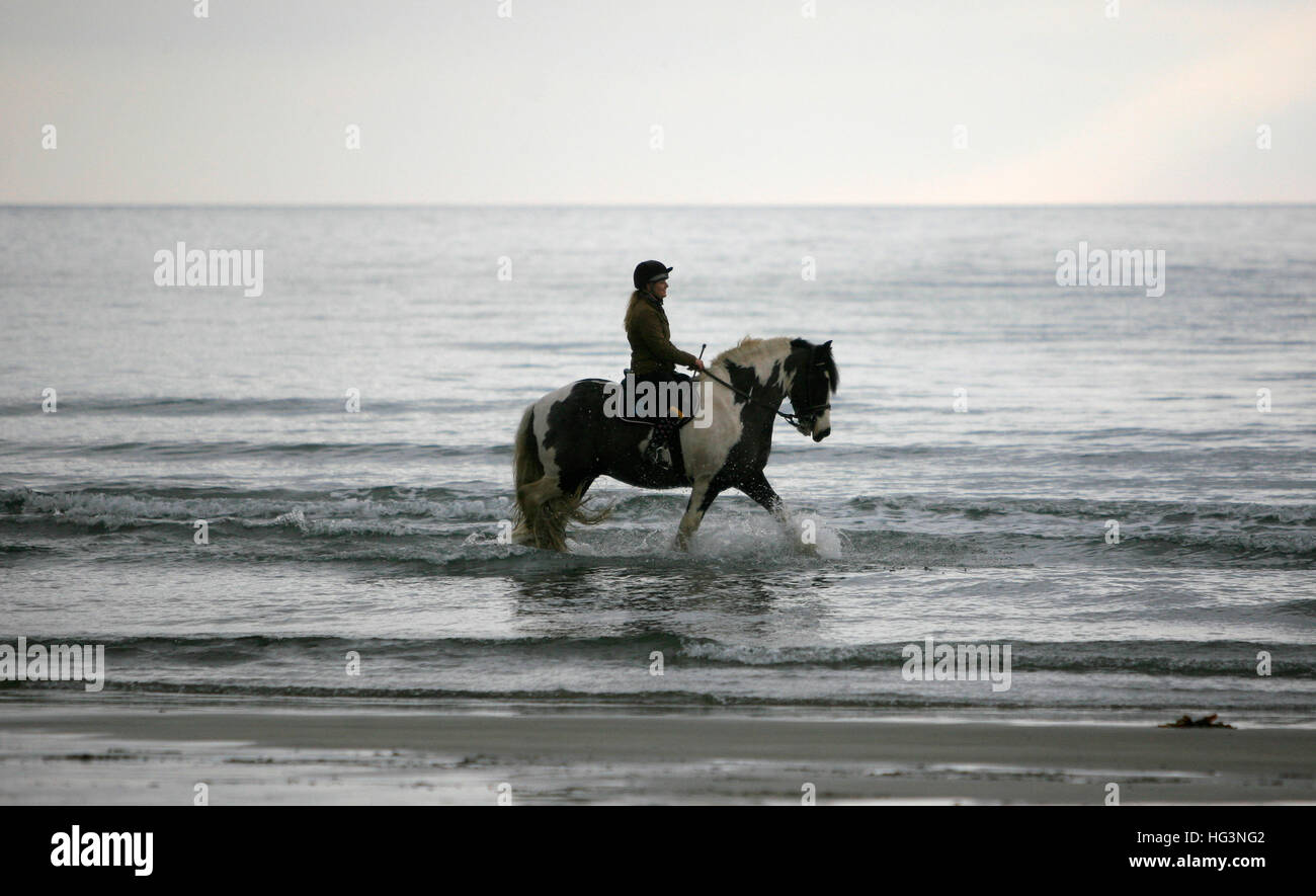 A woman rides her horse in the sea at Pendower Beach, in Cornwall, Britain December 31, 2016. © John Voos Stock Photo