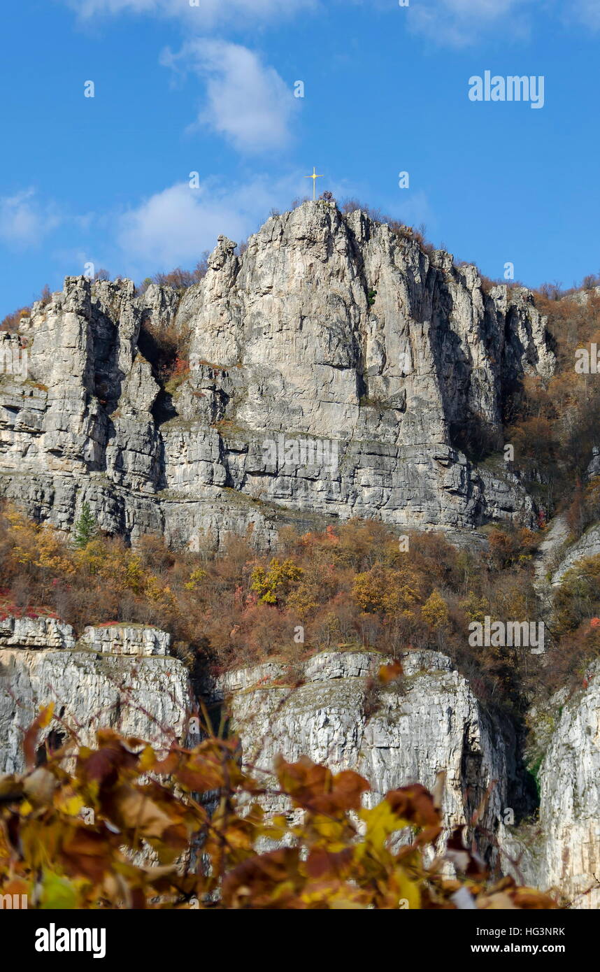 One high top of Lakatnik rocks with cross, Iskar river defile, Sofia province, Bulgaria Stock Photo