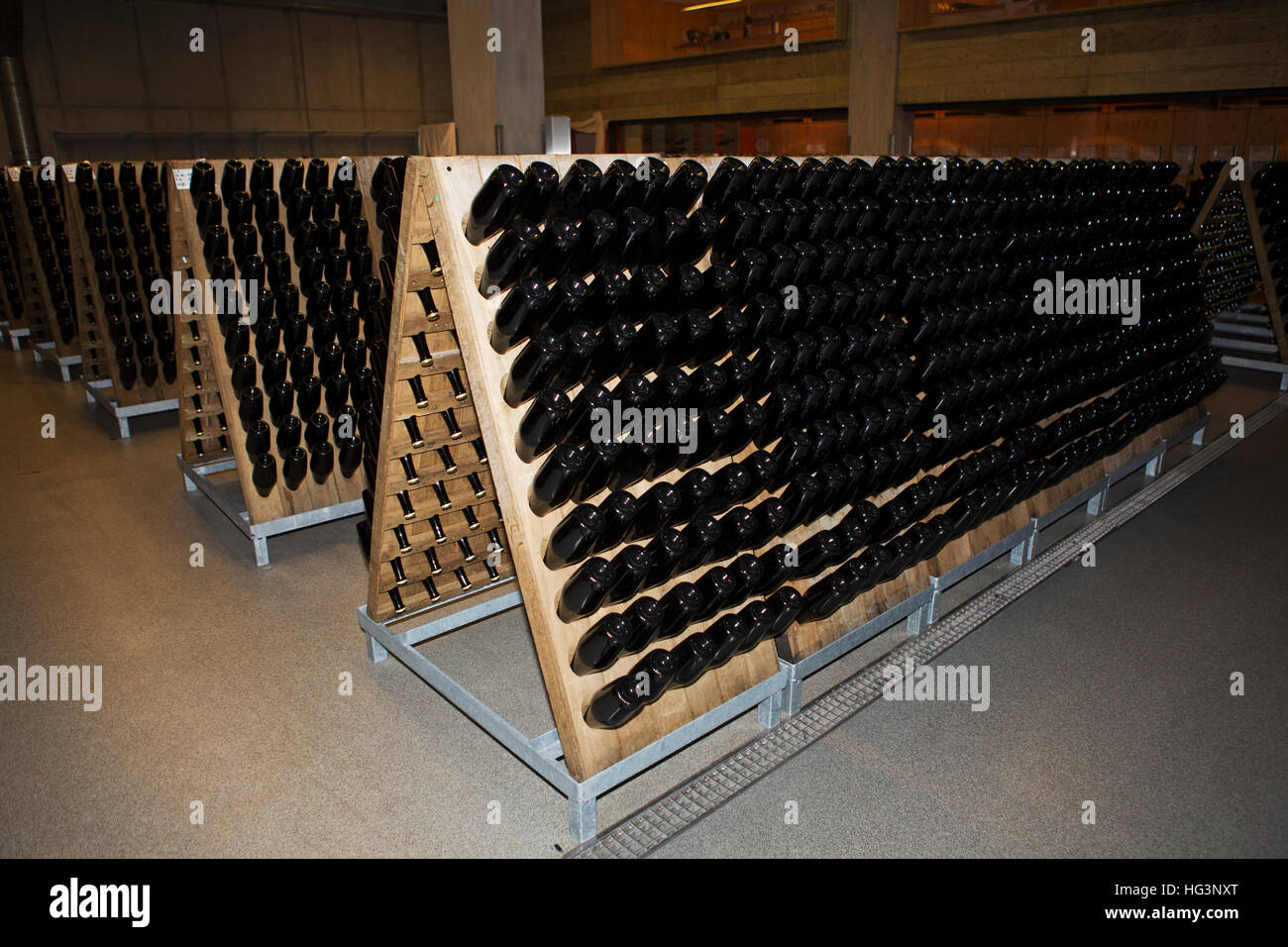 Bottles of sparkling wine at the Schloss Wackerbarth vineyard in Dresden, Germany. The winery hosts a restaurant and regular events. Stock Photo