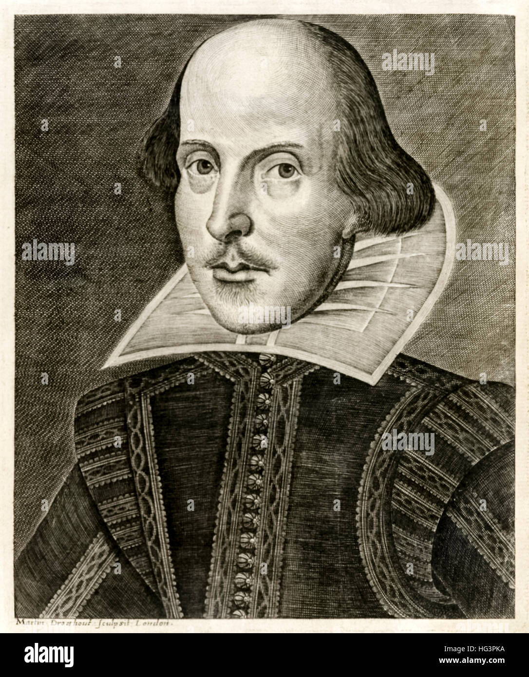 Portrait of William Shakespeare (1564-1616) from the title page of ‘Mr. William Shakespeares comedies, histories, & tragedies’ published in 1623. Copper engraving by Martin Droeshout (1601-1650). Stock Photo
