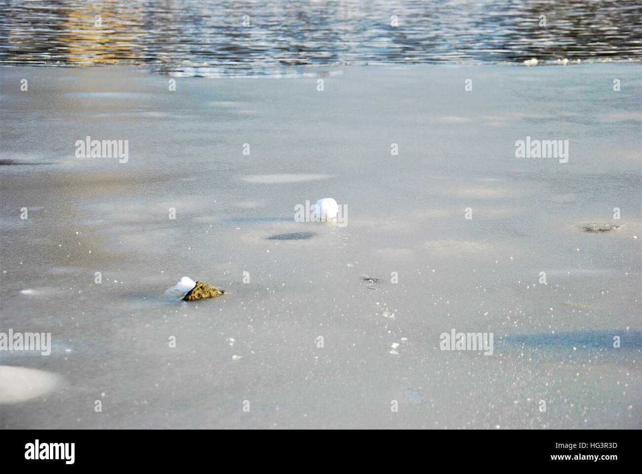 Snowball on the frozen surface of river Stock Photo