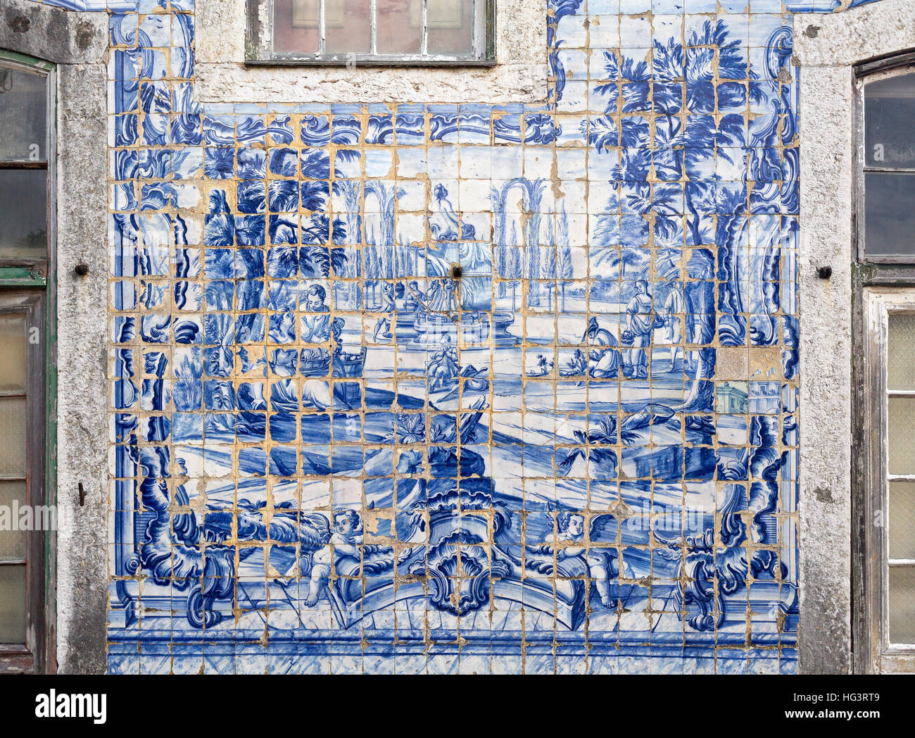 Detail of the highly degraded tiles decorating the facade wall of the ...