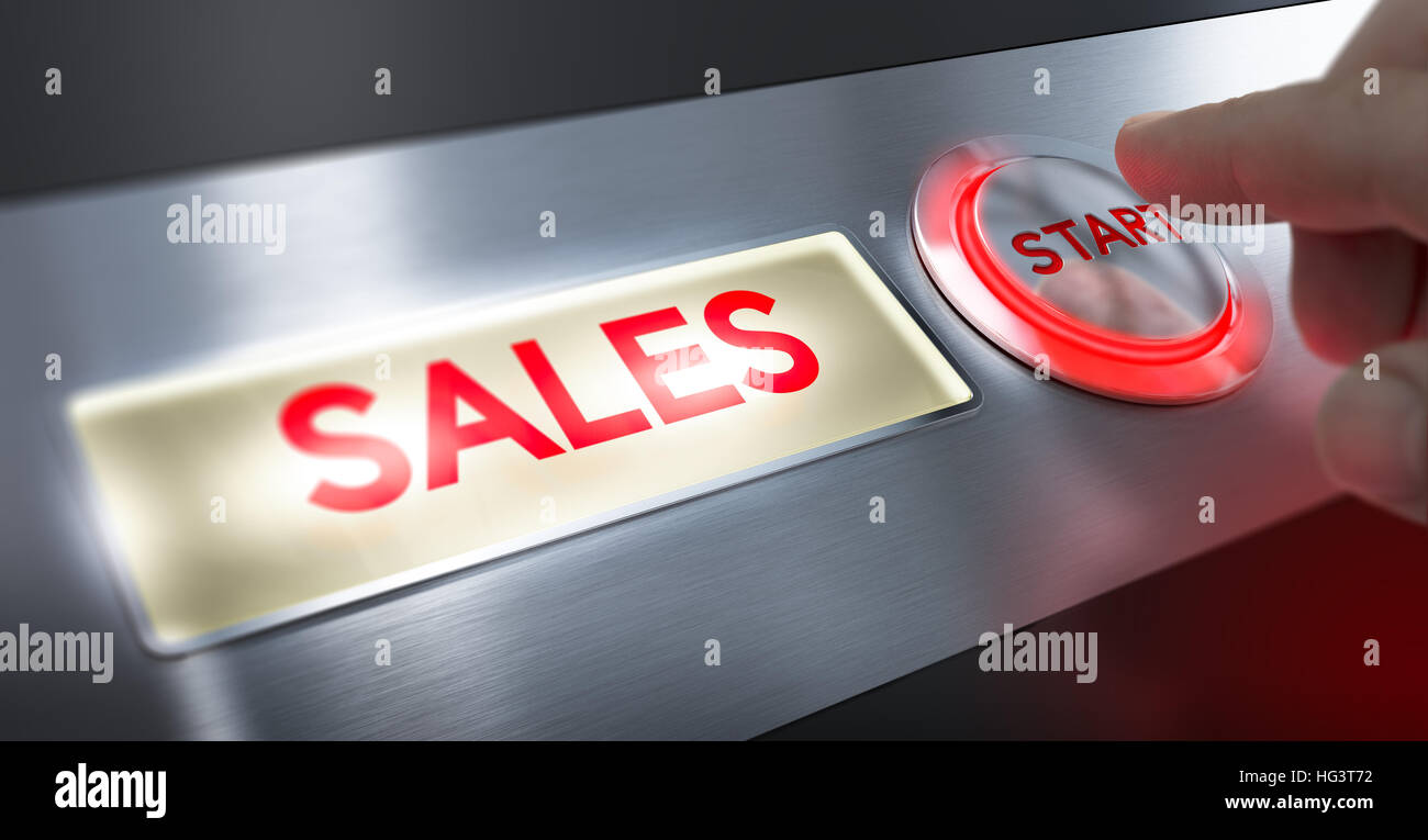 Finger pressing a start button to activate sales sign. Composite between an image and a 3D background Stock Photo