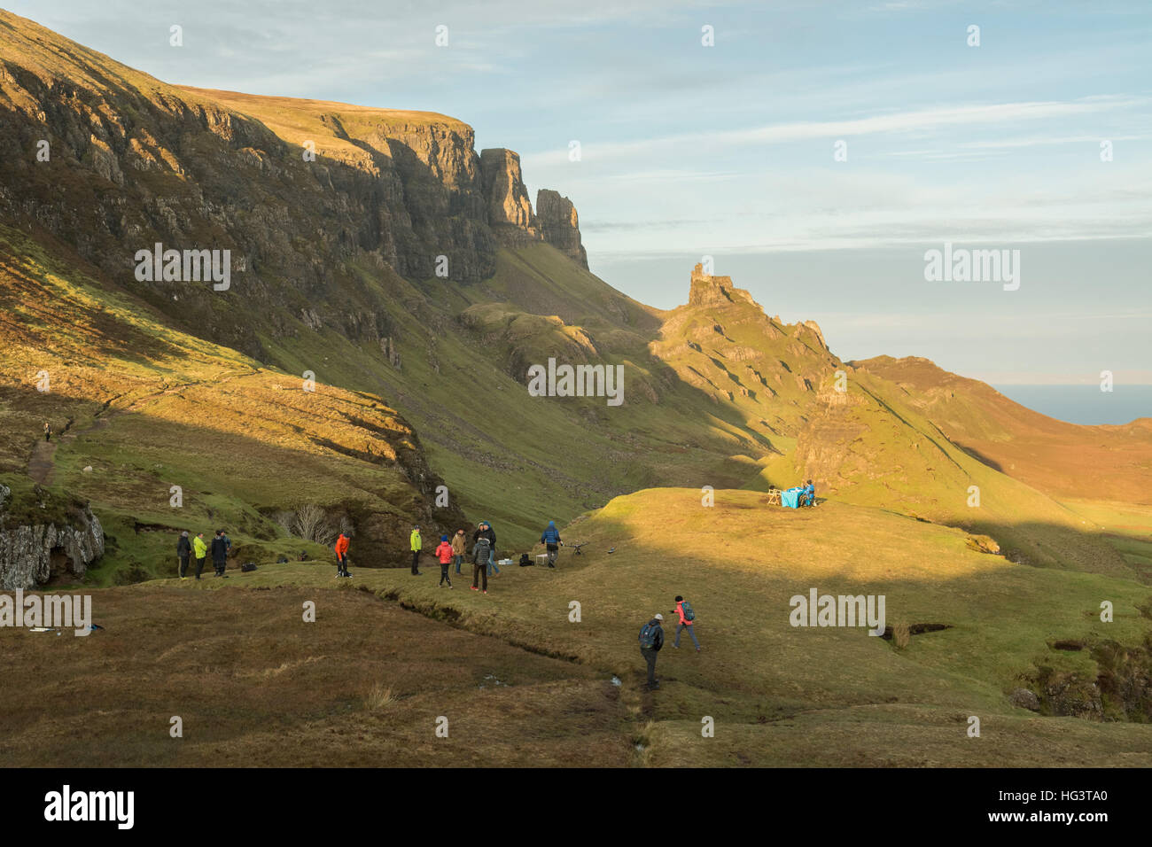 Isle of Skye - film crew at the Quiraing filming Columbia Sportswear Directors of Toughness interview - Scotland, UK, Europe Stock Photo