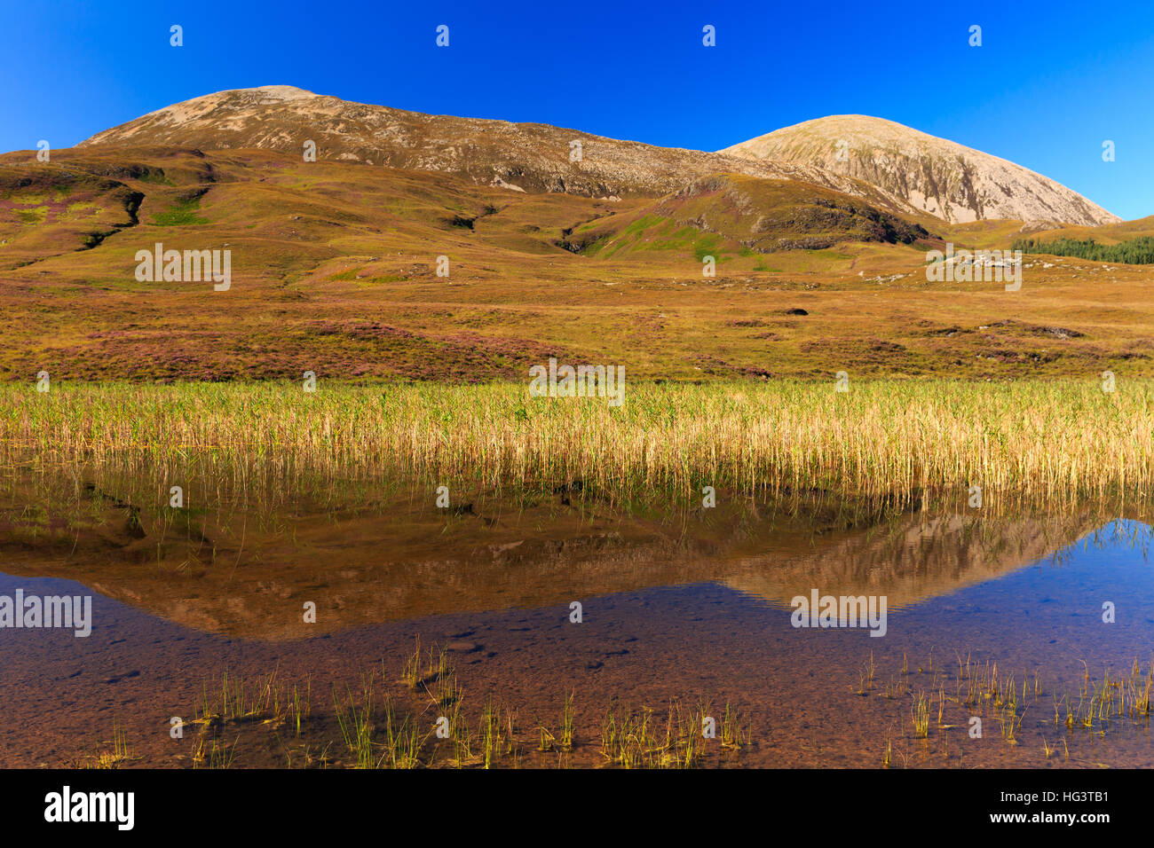 Beinn Na Caillich mountain reflected into still waters of Loch Cill Chriosd, nearby B8083 road from Broadford to Elgol. Stock Photo