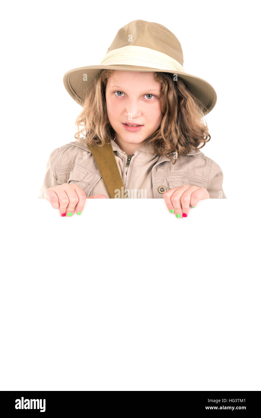 Young girl with Safari clothes isolated in white Stock Photo